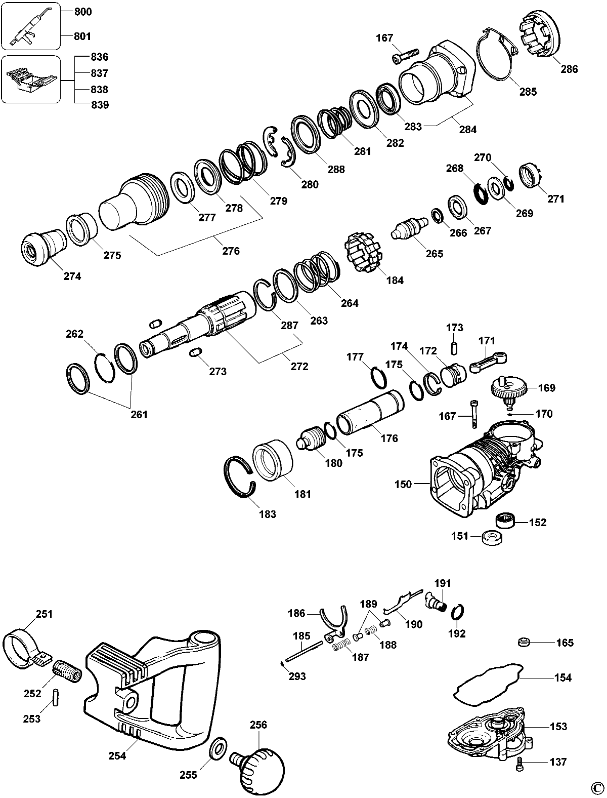 Default 2 Diagram and Parts List for D25830KB2 Type 2 DeWALT Hammer