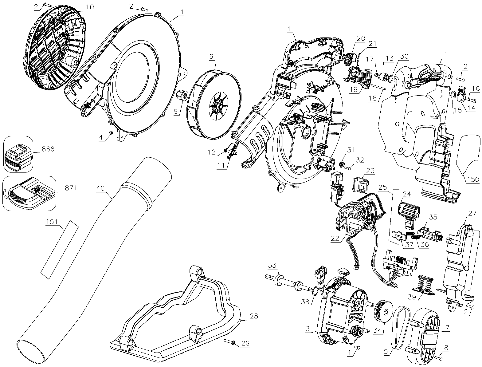 Default Diagram and Parts List for DCBL790H1 Type 1 DeWALT Leaf Blower / Vacuum
