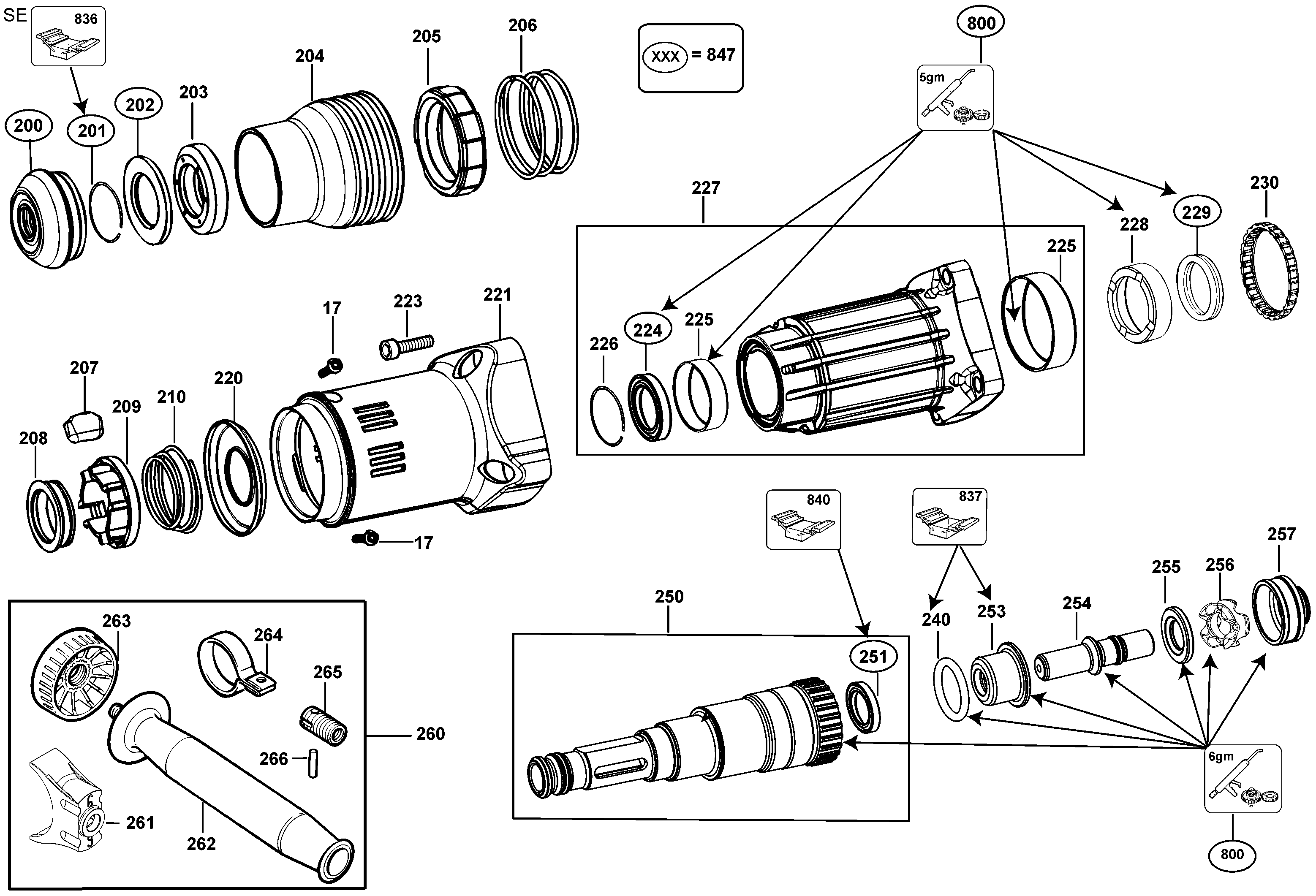 tool holder Diagram and Parts List for D25712K Type 1 DeWALT Hammer
