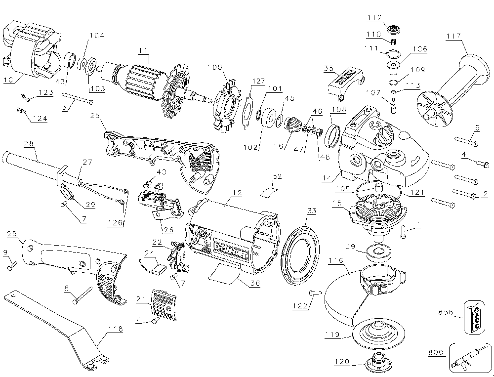 Exploded Diagram A Diagram and Parts List for D28474C Type 3 DeWALT Angle Grinder