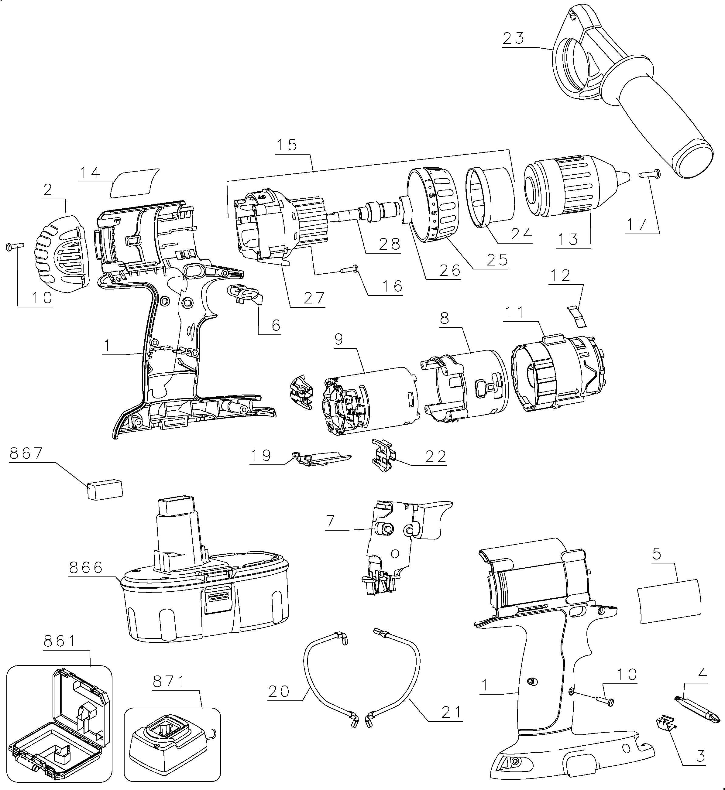 Default Diagram and Parts List for DW987K-2 Type 1 DeWALT Boring Machine