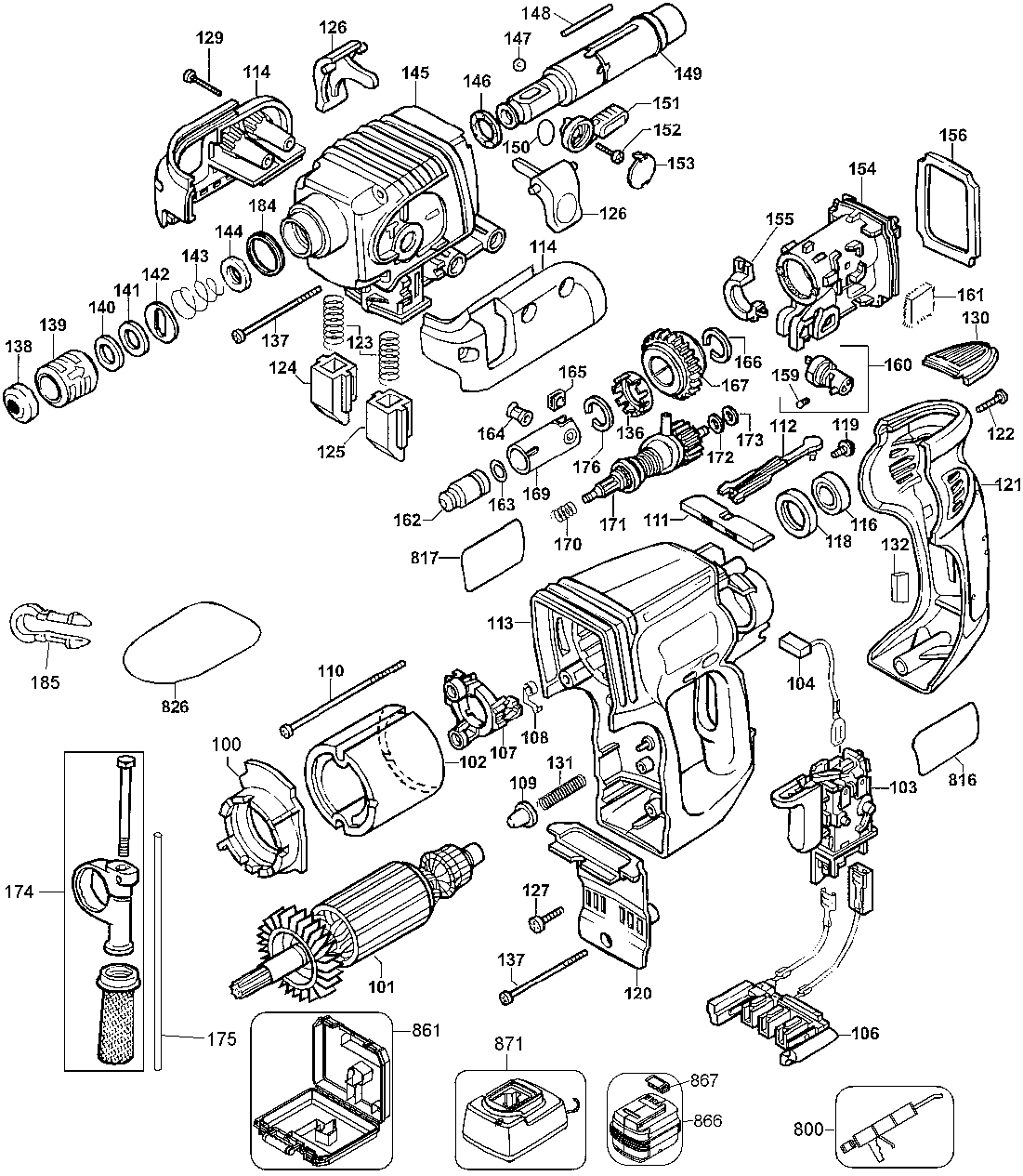 Default Diagram and Parts List for DW004K Type 1 DeWALT Hammer