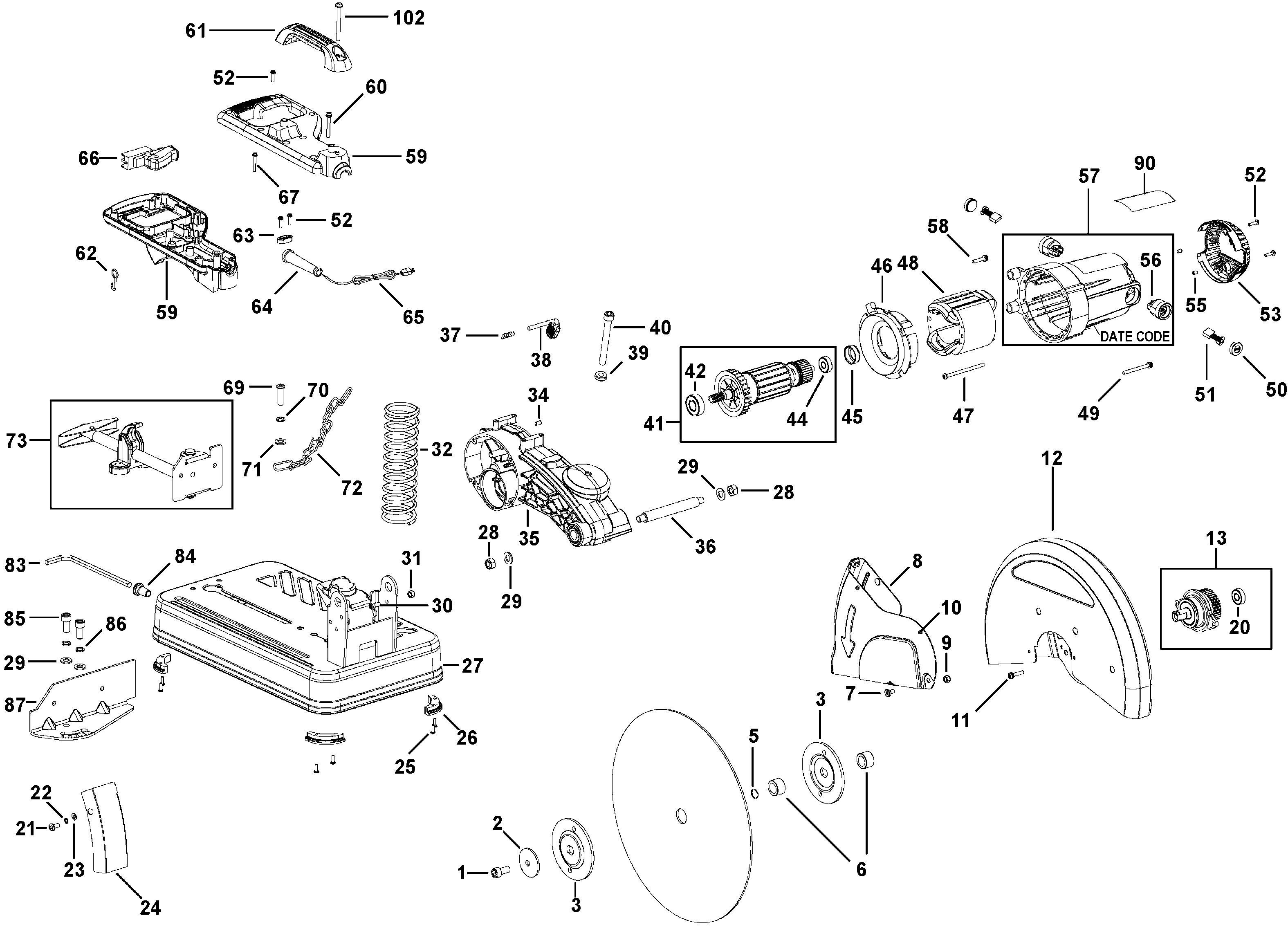 Default Diagram and Parts List for D28710-B2 Type 1 DeWALT Chop Saw