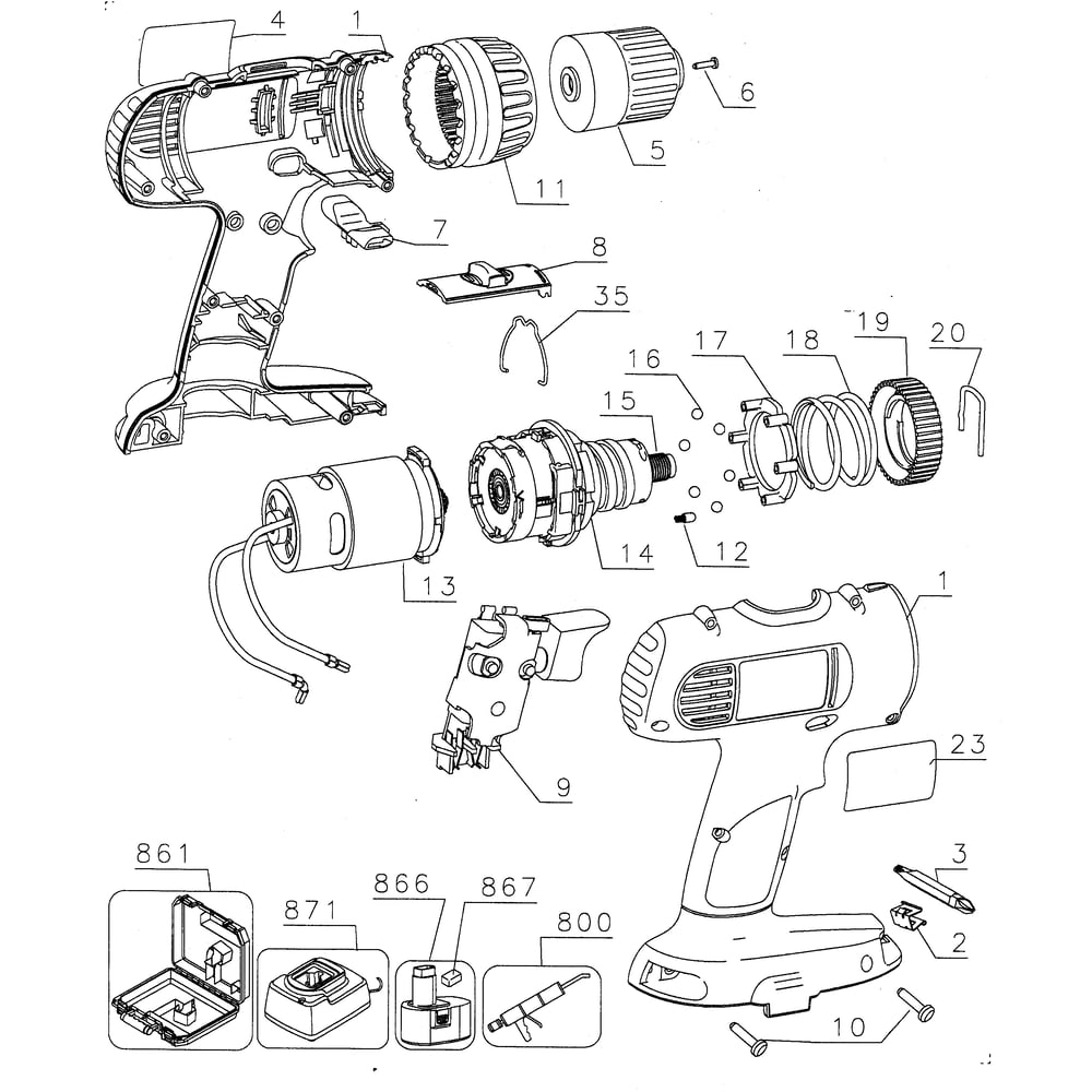 Drill Assy Diagram and Parts List for DC727KATY1  DeWALT Drill