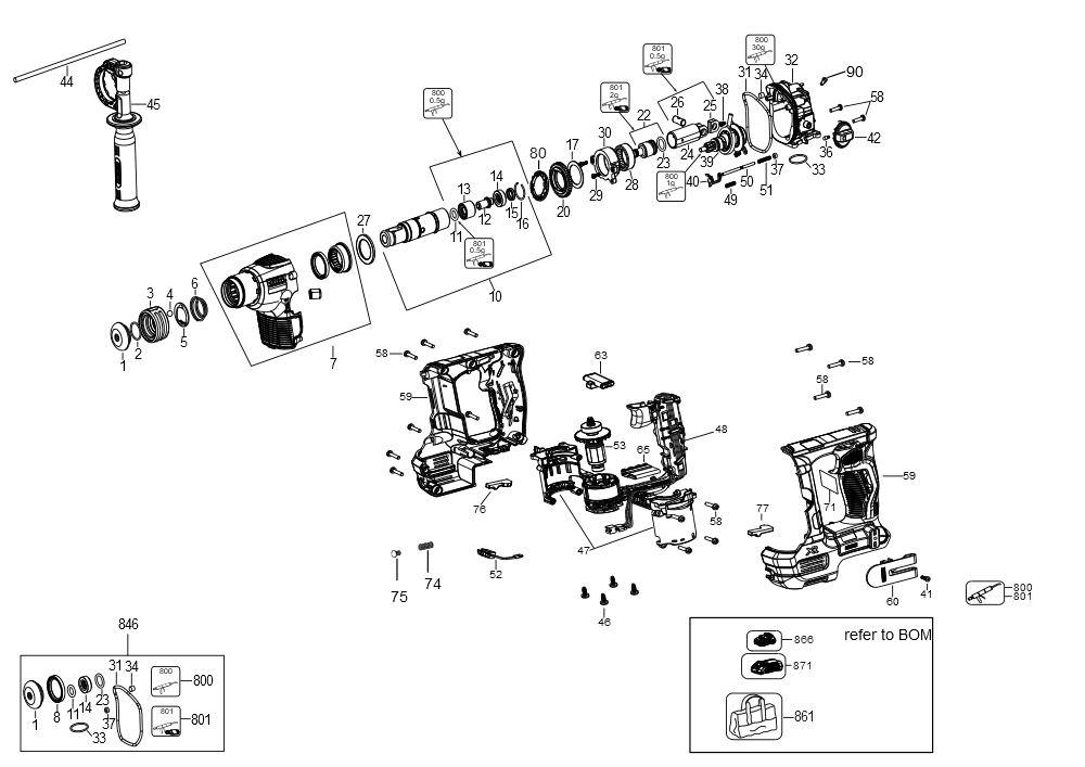 Exploded Diagram C Diagram and Parts List for DCH072B Type 1 DeWALT Hammer Drill