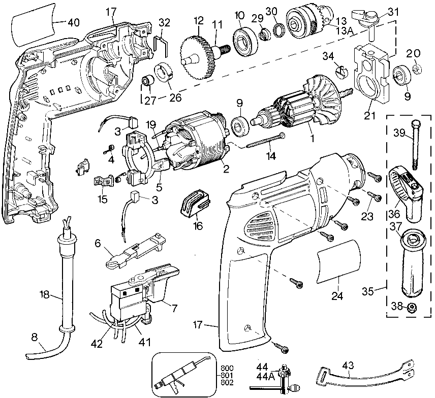 Default Diagram and Parts List for DW507-35 Type 1 DeWALT Boring Machine