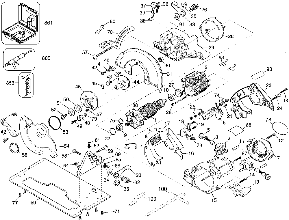 Exploded Diagram A Diagram and Parts List for D360-04 Type 2 DeWALT Circular Saw