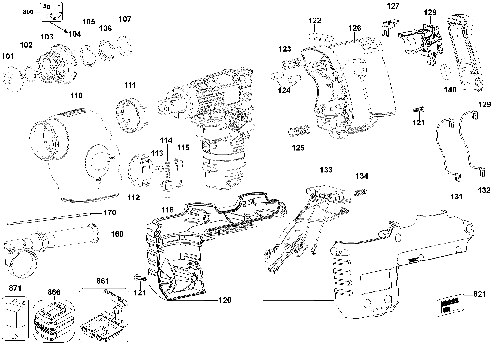 Default Diagram and Parts List for DC232KL Type 1 DeWALT Compressor