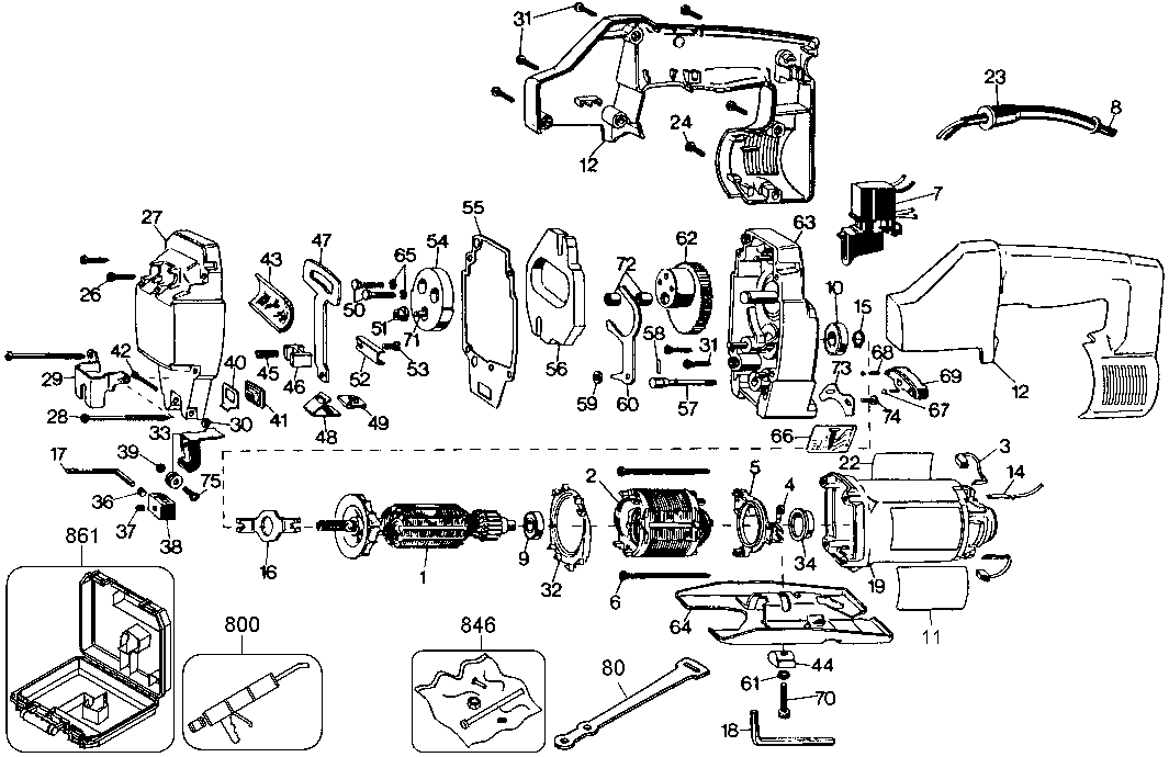 Default Diagram and Parts List for DW318K-35 Type 1 DeWALT Jig Saw
