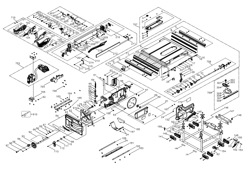 Exploded Diagram B Diagram and Parts List for DCS7485T1 Type 10 DeWALT Table Saw
