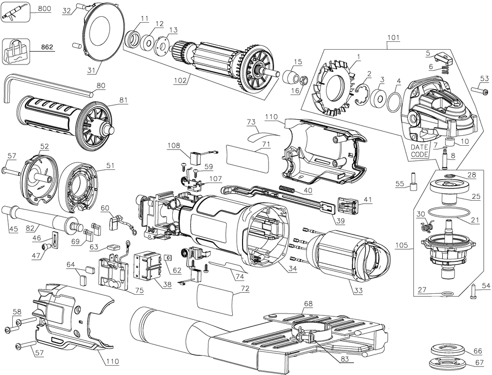 Exploded Diagram A Diagram and Parts List for DWE46103 Type 15 DeWALT Angle Grinder
