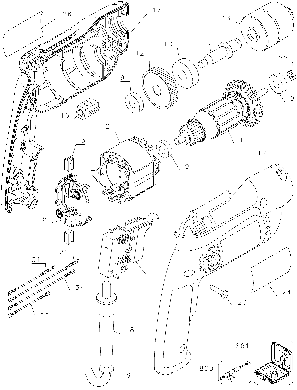 Default Diagram and Parts List for D21009K Type 1 DeWALT Boring Machine