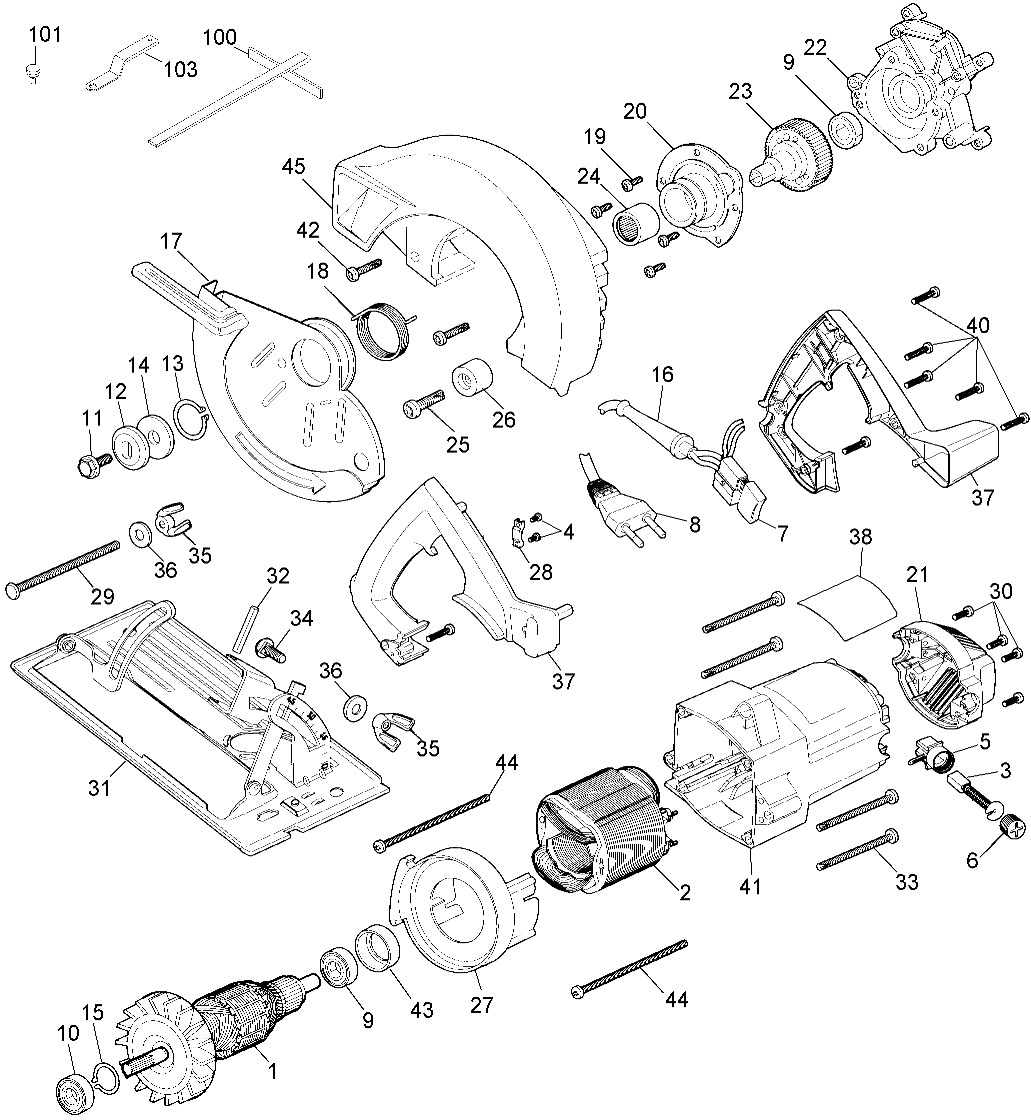 Default Diagram and Parts List for DW352-B2 Type 2 DeWALT Circular Saw