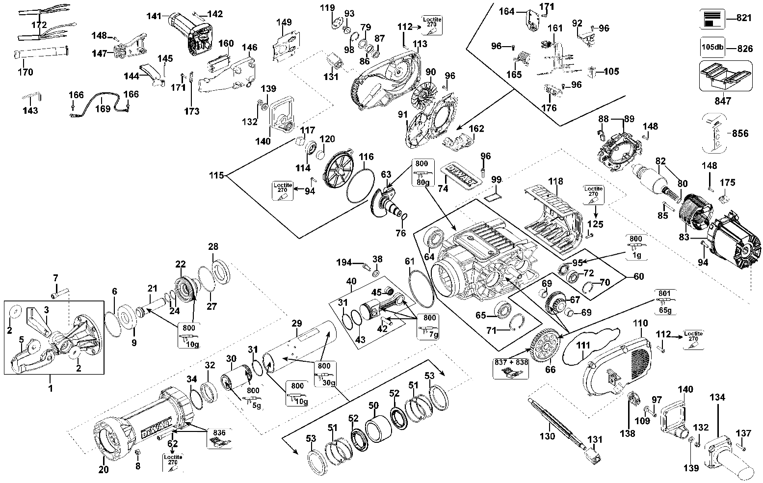 Default Diagram and Parts List for D25980KB Type 2 DeWALT Hammer