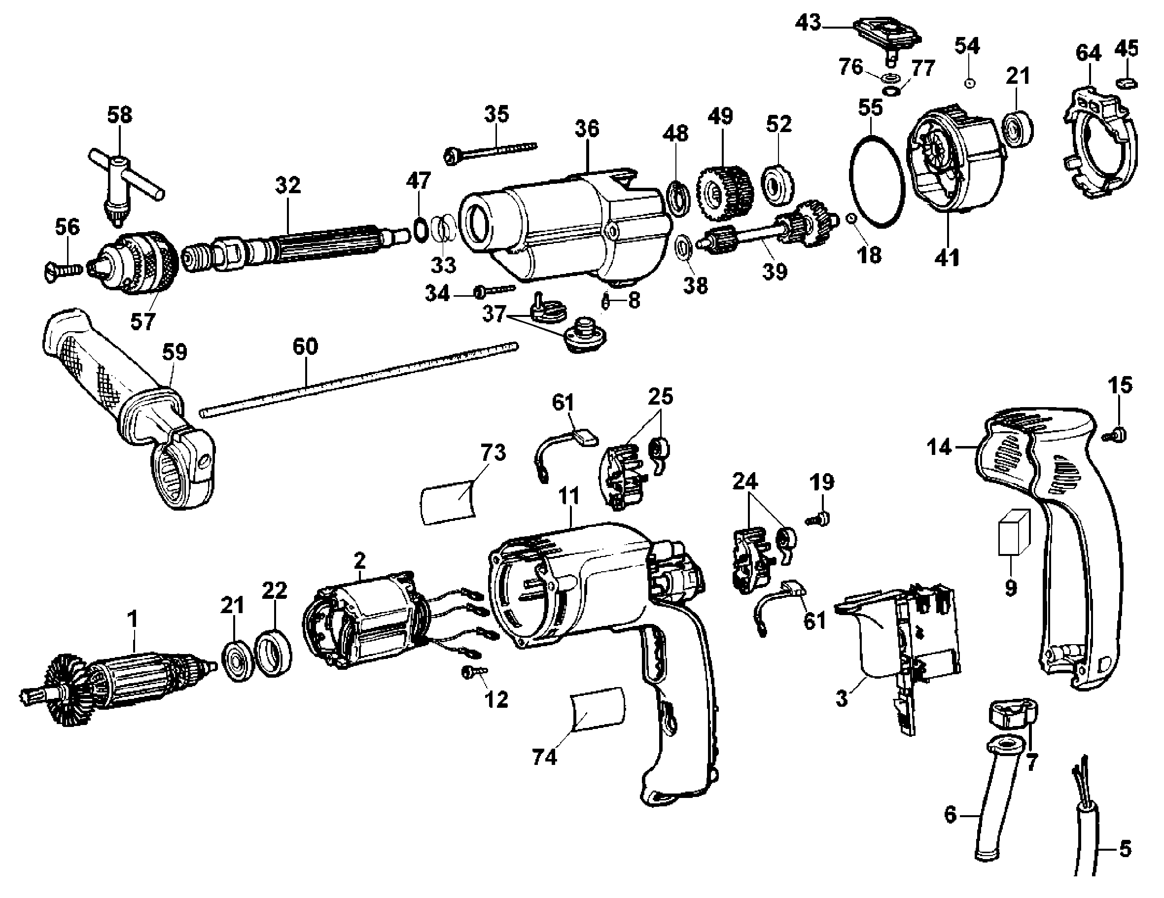 Default Diagram and Parts List for DW505-B2C Type 10 DeWALT Hammer
