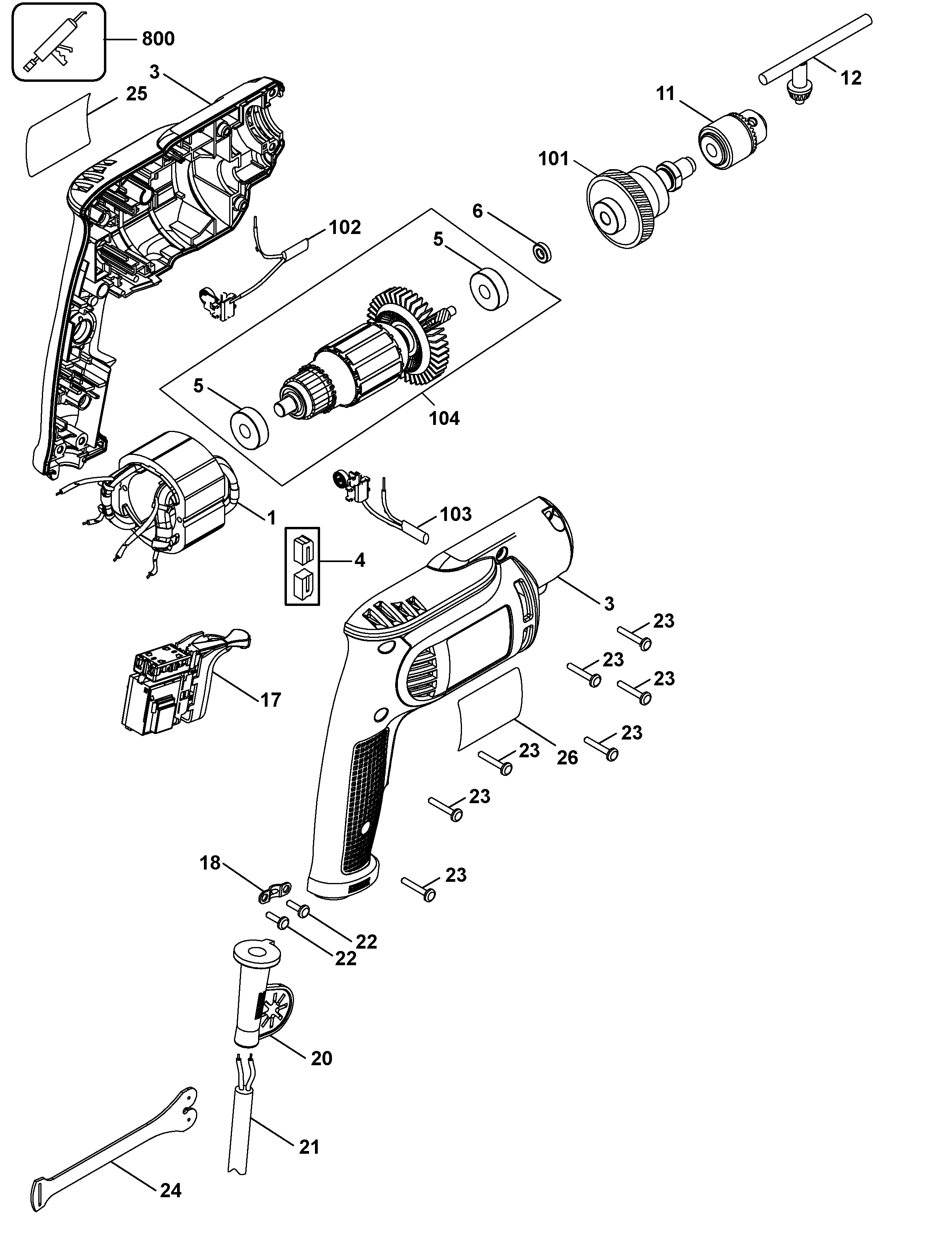 Default Diagram and Parts List for DWD010-B3 Type 1 DeWALT Boring Machine