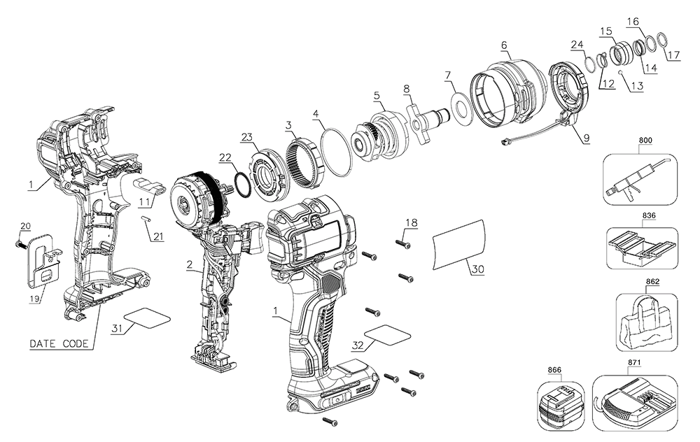 Diagram Diagram and Parts List for DCF809D2-B3 Type-2 DeWALT Cordless Drill