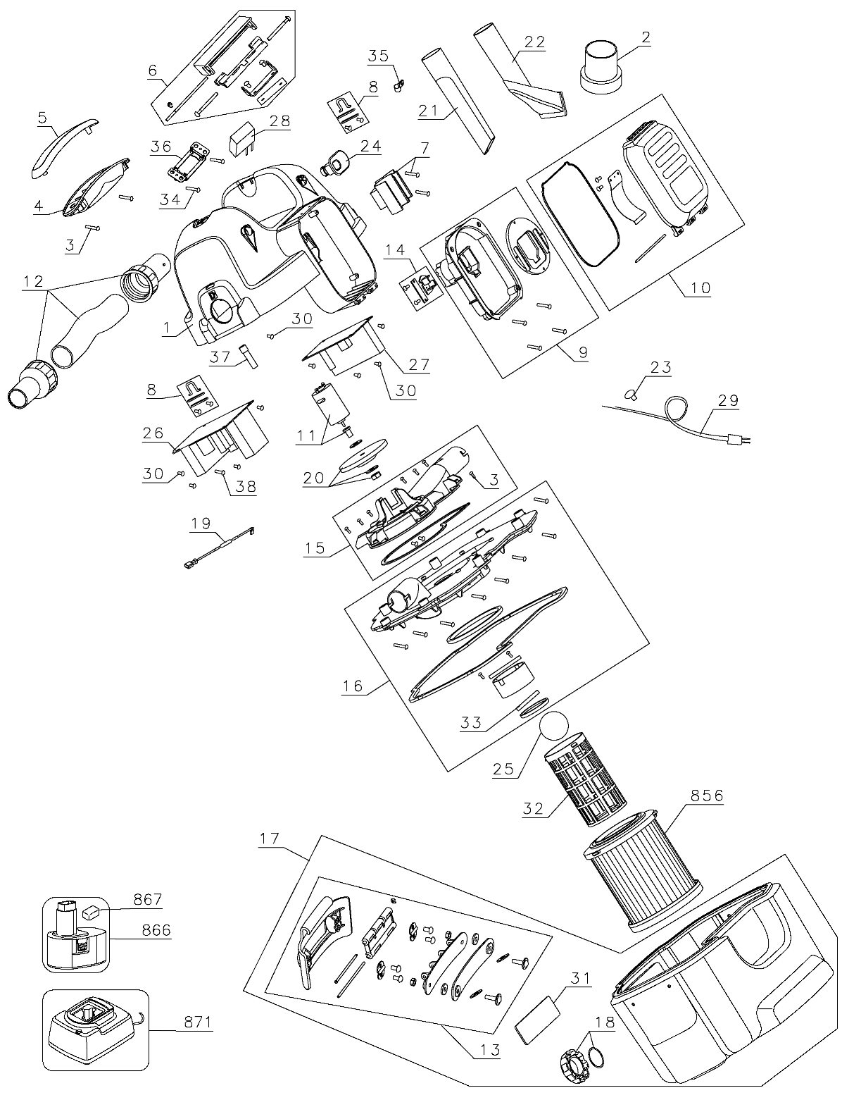 Default Diagram and Parts List for DC500K Type 1 DeWALT Leaf Blower / Vacuum