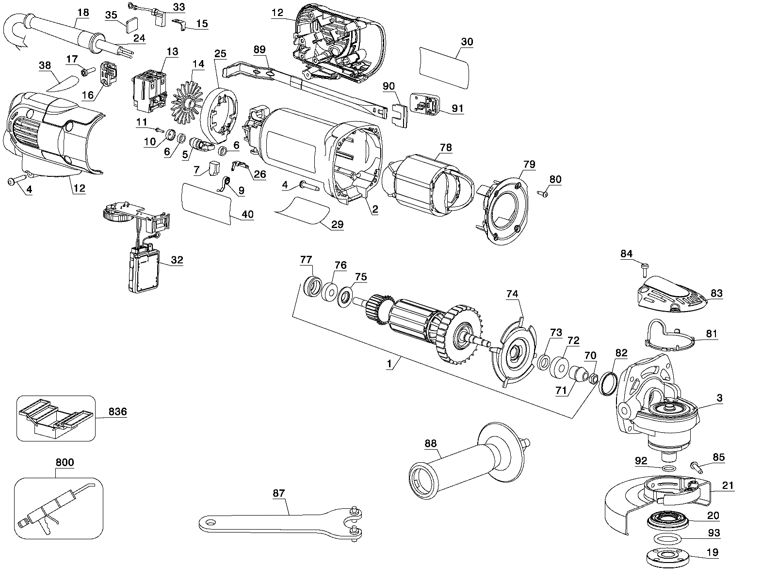 Default Diagram and Parts List for D28136-BR Type 1 DeWALT Grinder
