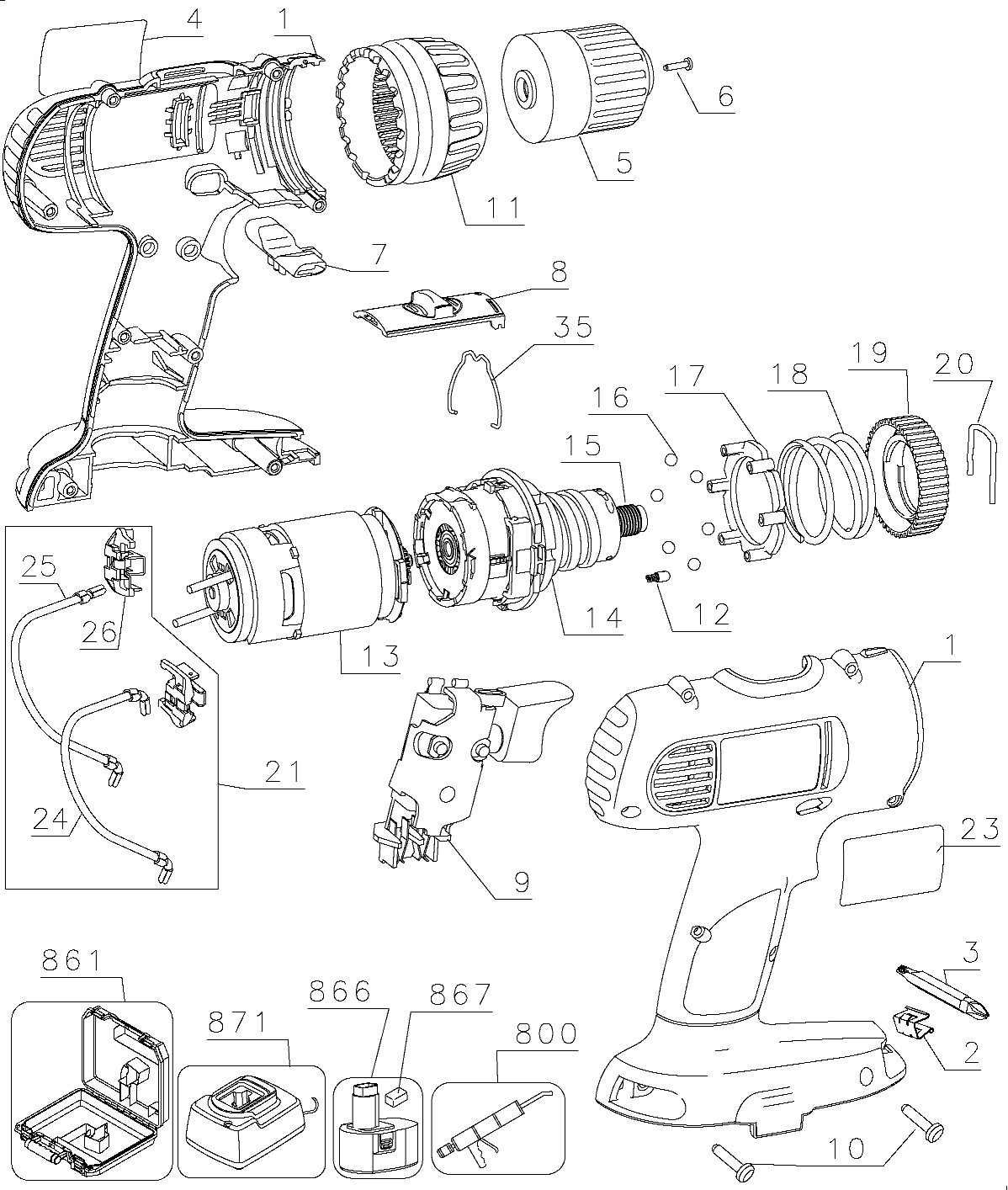 Default Diagram and Parts List for DW929K2 Type 1 DeWALT Boring Machine