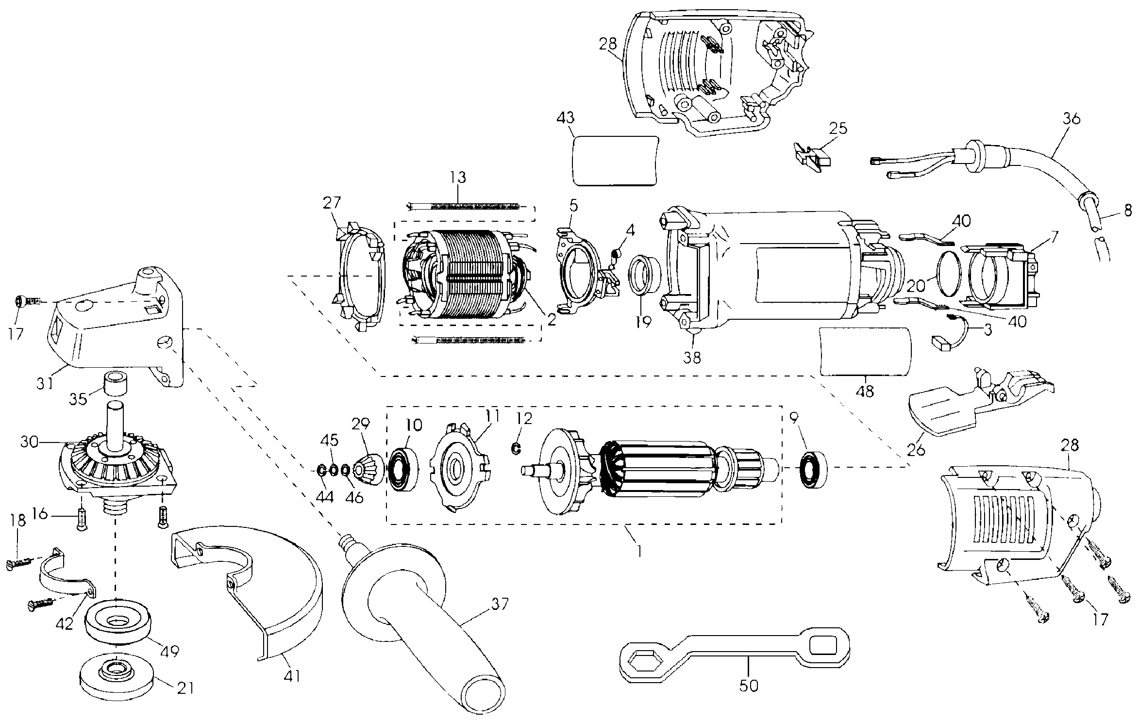 Default Diagram and Parts List for DW402-AR Type 3 DeWALT Grinder