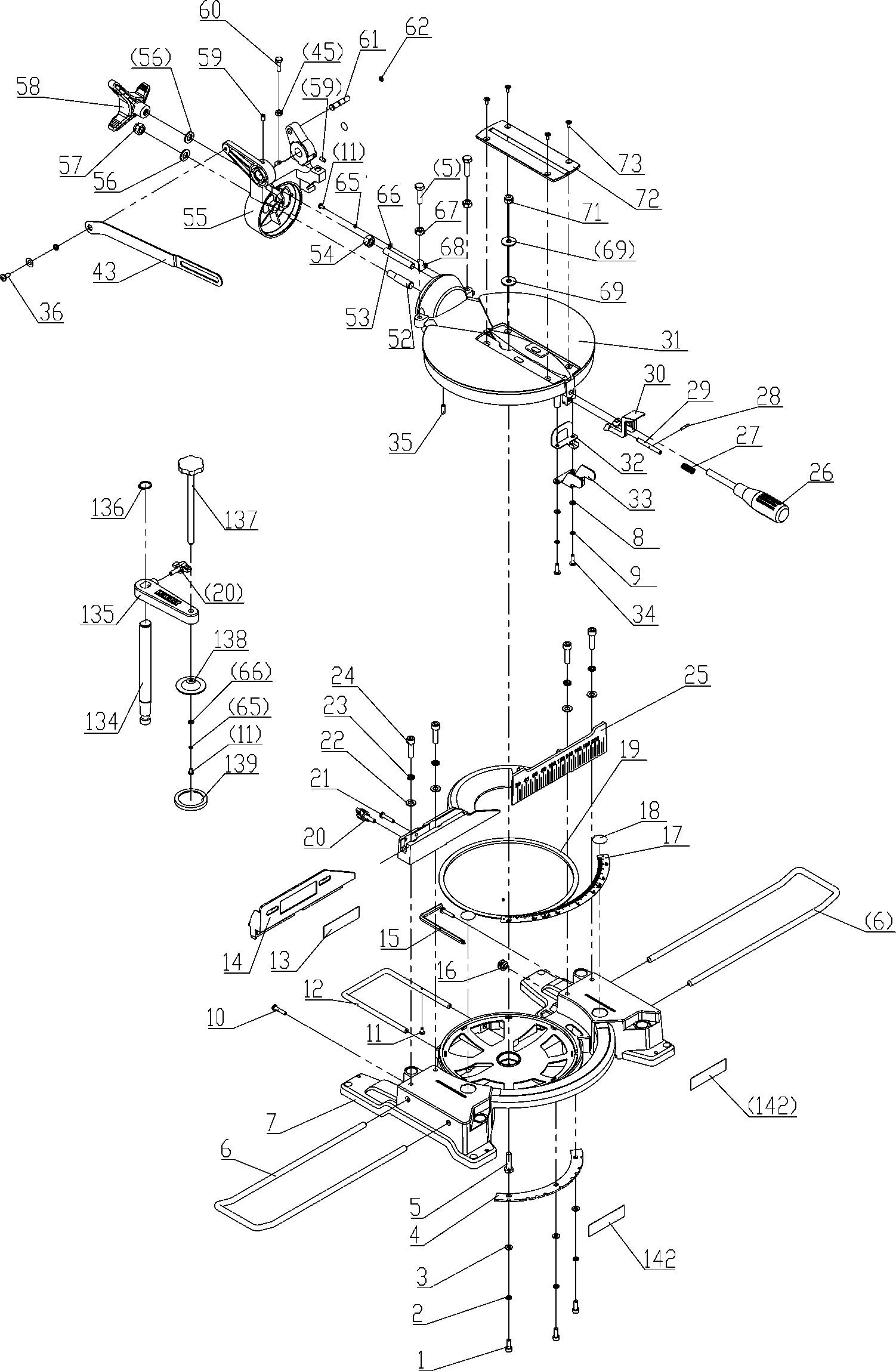 Default Diagram and Parts List for DW714-B2 Type 1 DeWALT Miter Saw