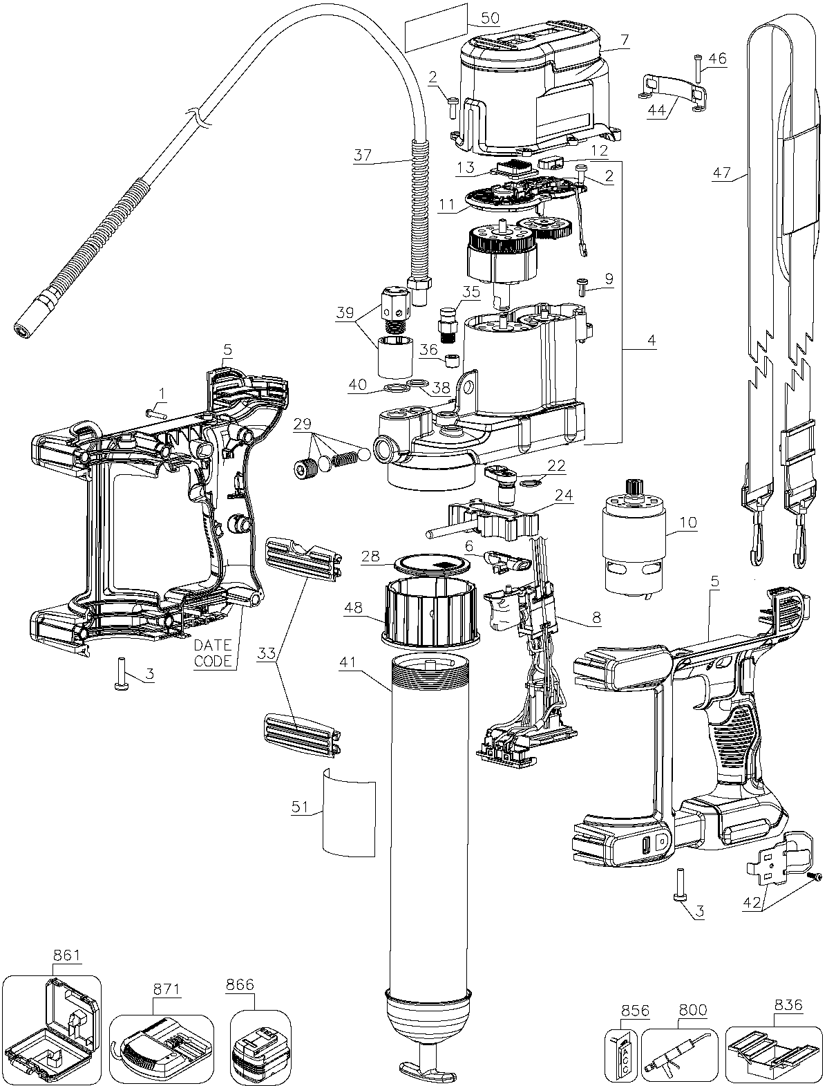 Default Diagram and Parts List for DCGG571B Type 1 DeWALT Caulking Gun