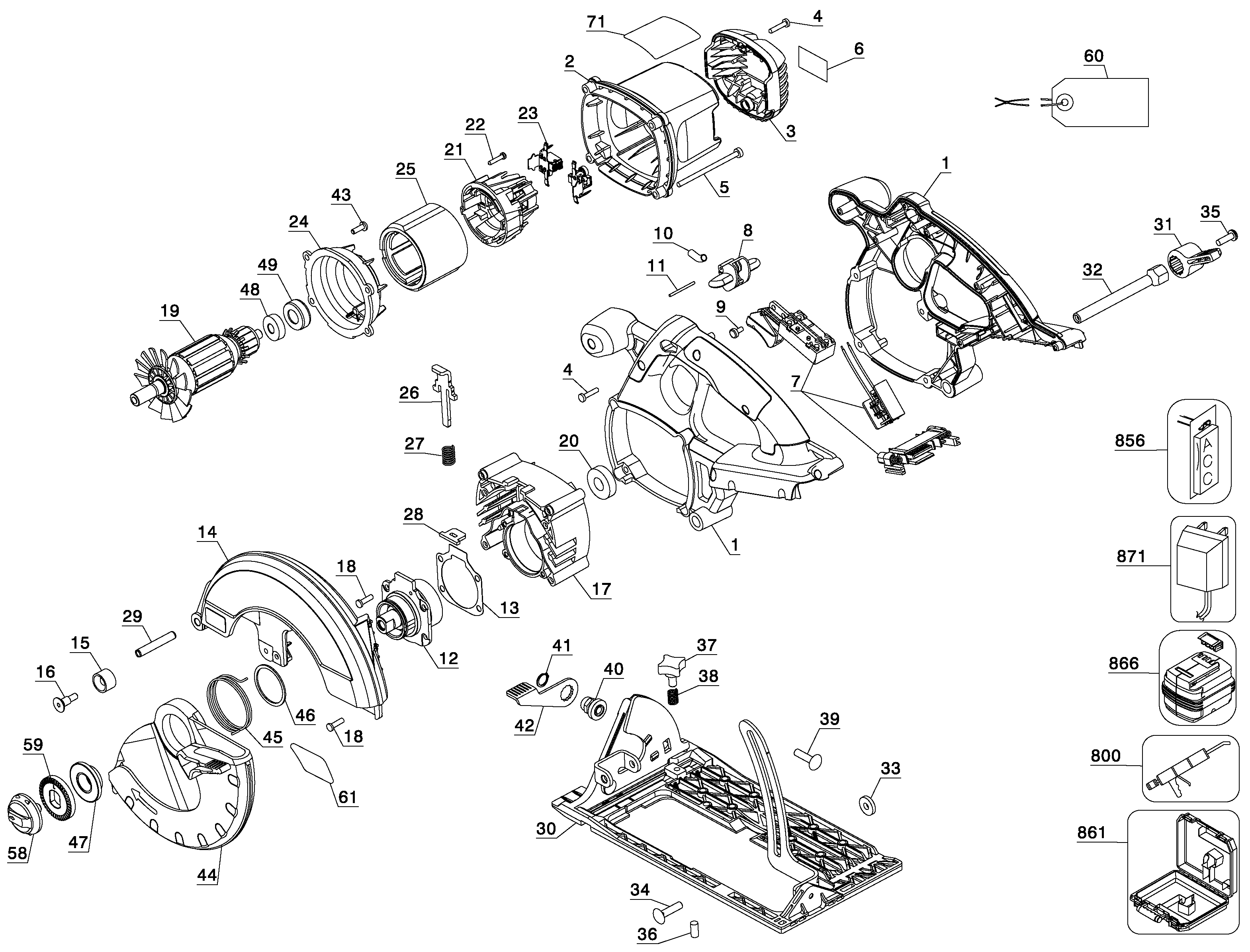 Default Diagram and Parts List for DC300K Type 1 DeWALT Circular Saw
