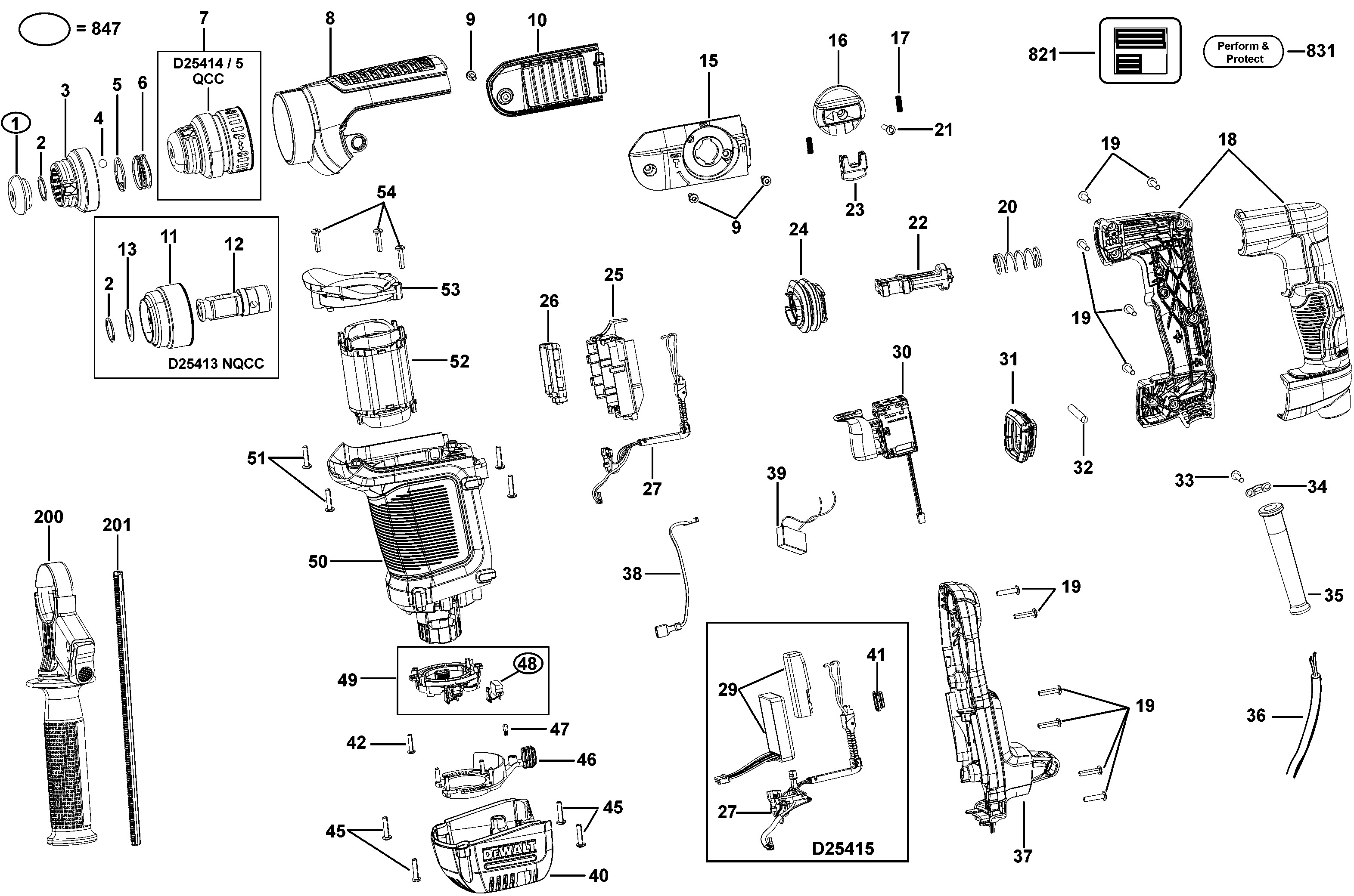 Default 2 Diagram and Parts List for D25414KT-B2 Type 1 DeWALT Electric Drill