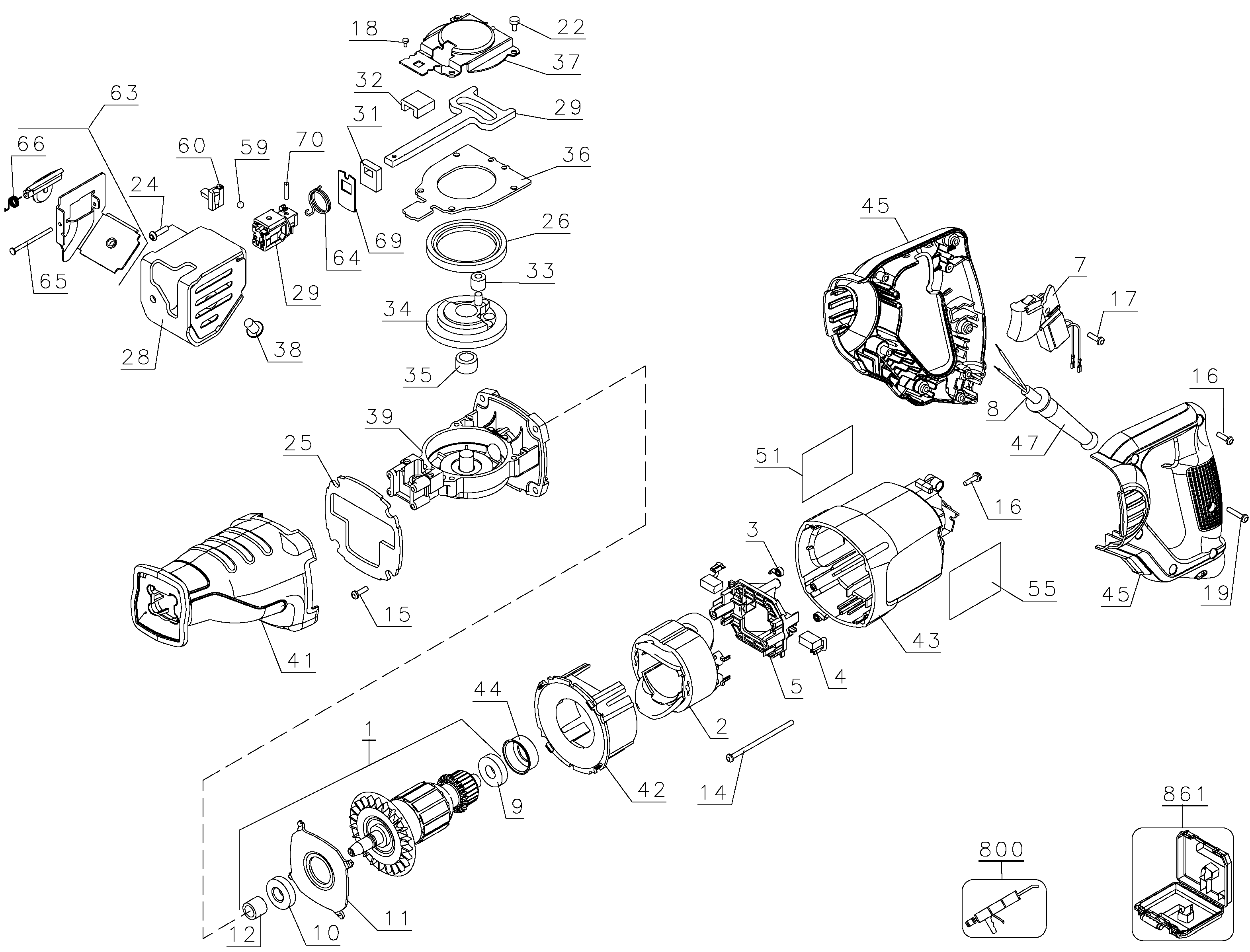 Default Diagram and Parts List for DW304PK-BR Type 2 DeWALT Reciprocating Saw