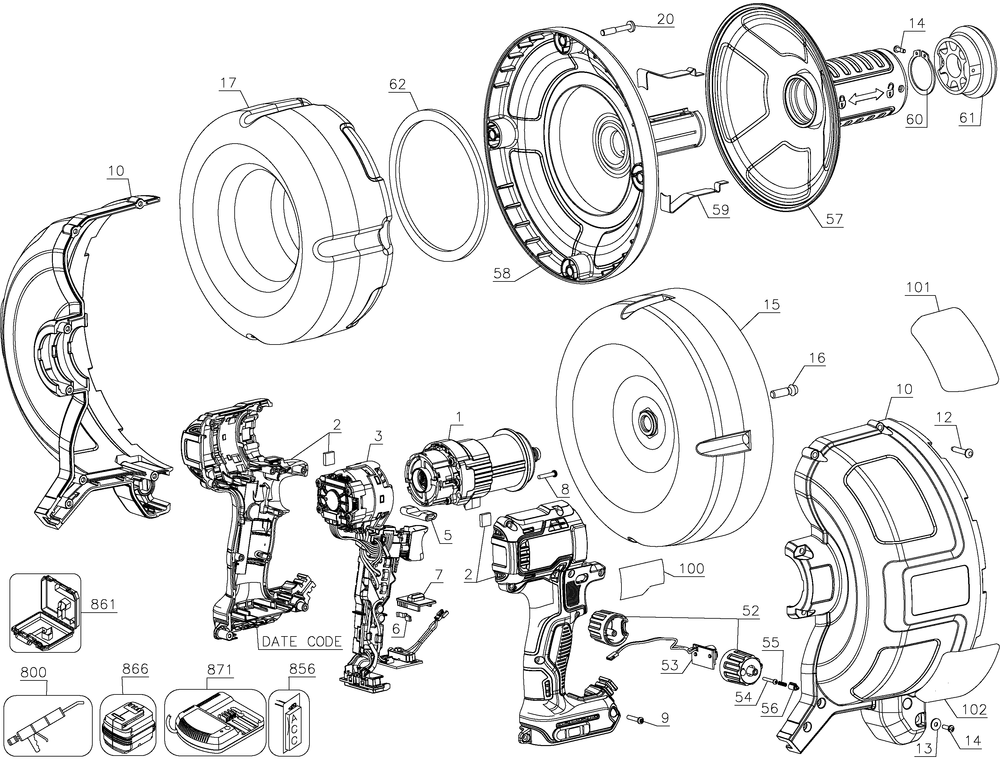 Section 1 Diagram and Parts List for DCD200D1R Type 1 DeWALT Auger