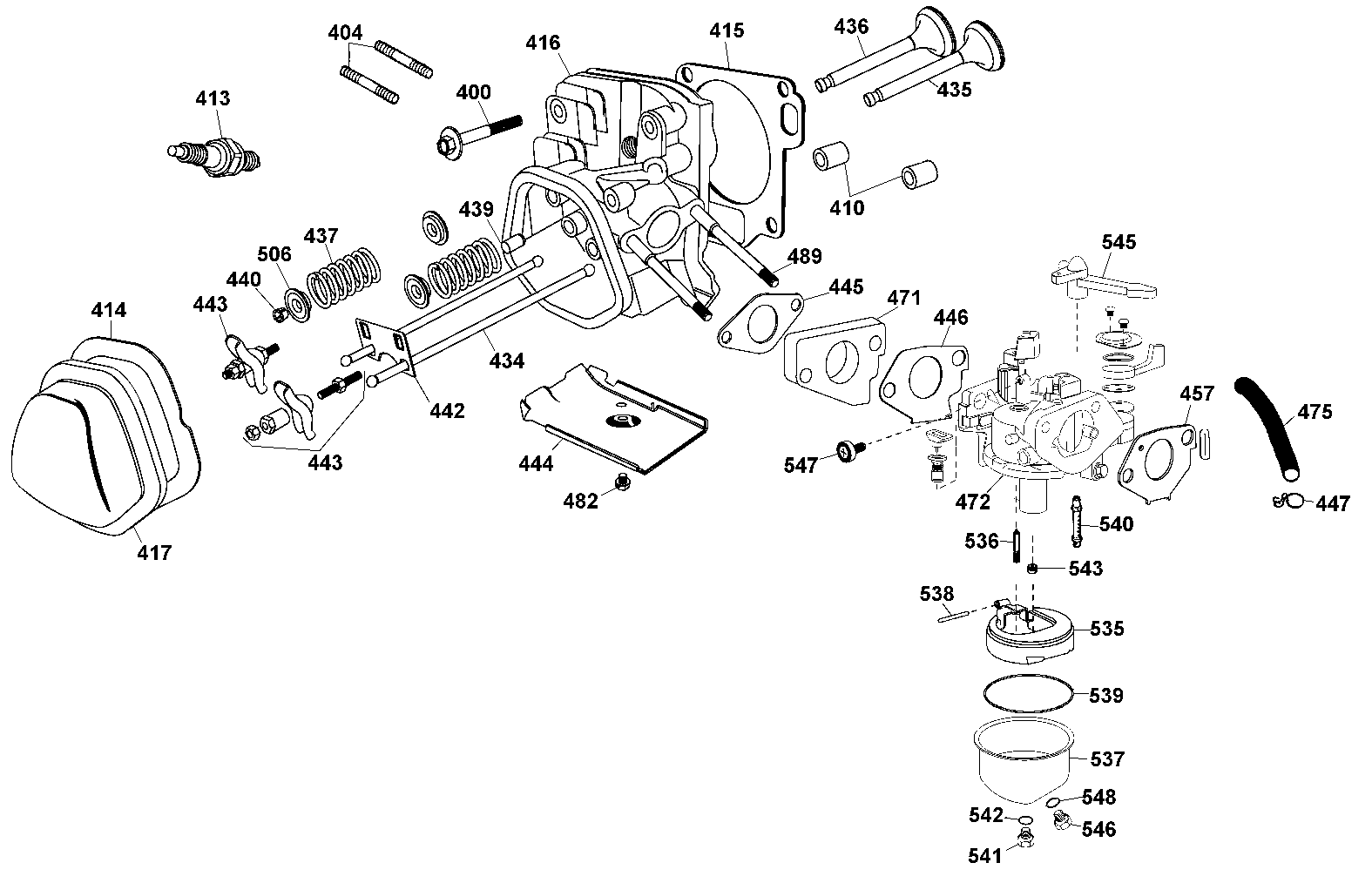 Carburetor & Cylinder Head Diagram and Parts List for DW650LAG-B3 Type 1 DeWALT Engine