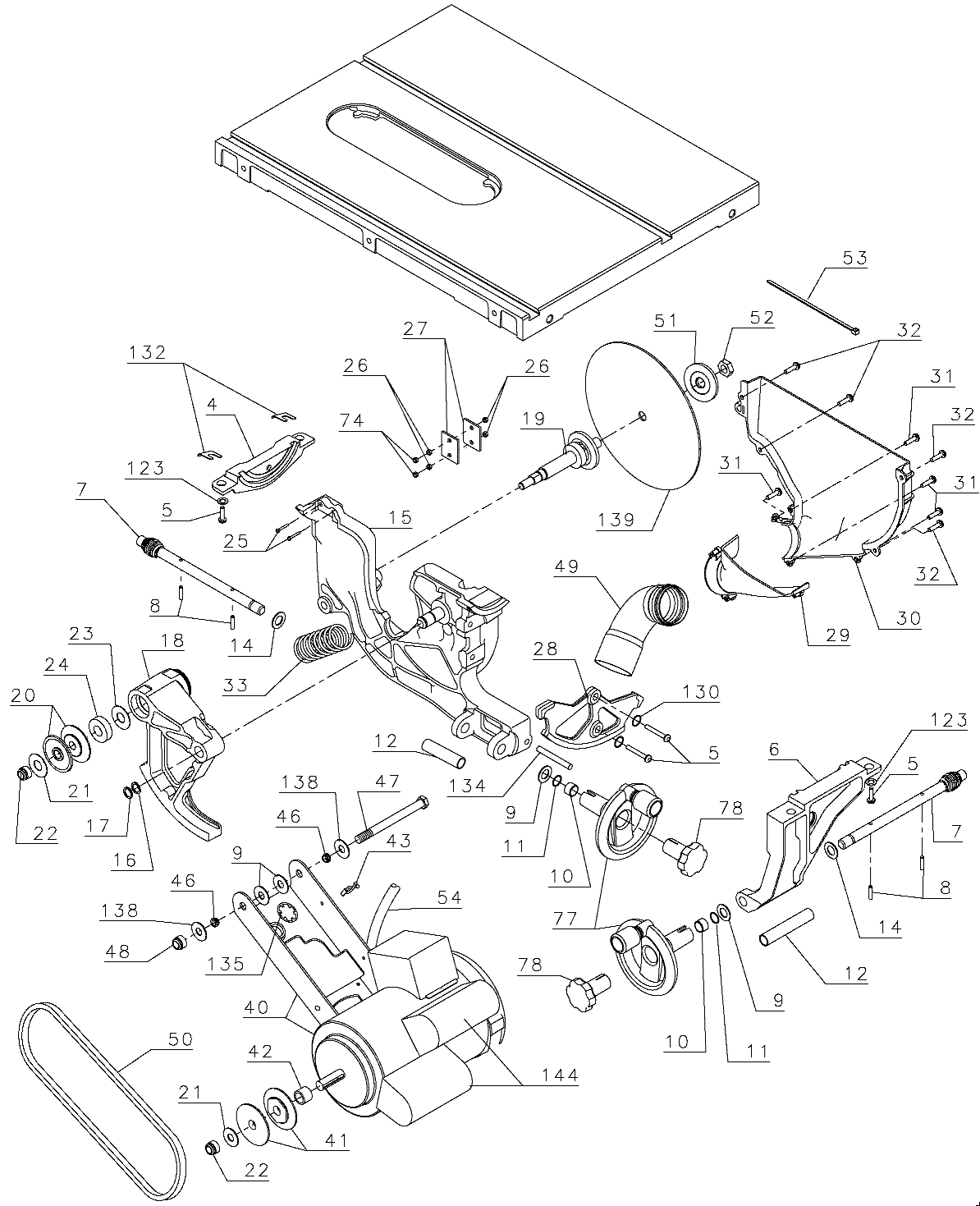 Motor Assembly Diagram and Parts List for DW746XS Type 1 DeWALT Table Saw
