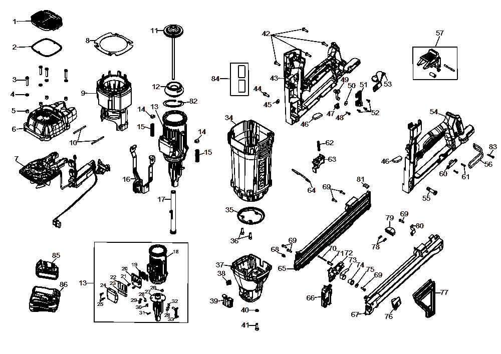 Section 2 Diagram and Parts List for DGN845B Type 1 DeWALT Nailer