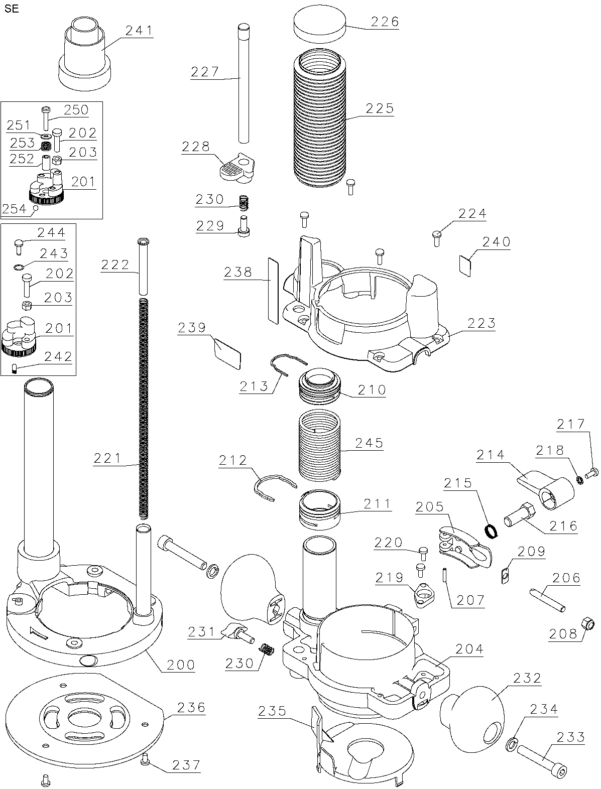 Plunge Base Diagram and Parts List for DW618PK Type 1 DeWALT Router