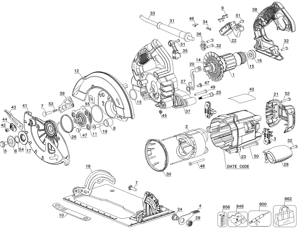 Diagram Diagram and Parts List for DWE575SBR Type 1 DeWALT Circular Saw