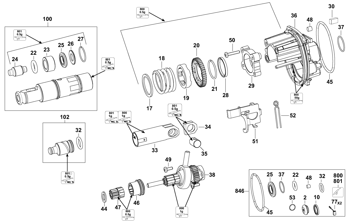 Default 2 Diagram and Parts List for D25013K-AR Type 1 DeWALT Hammer