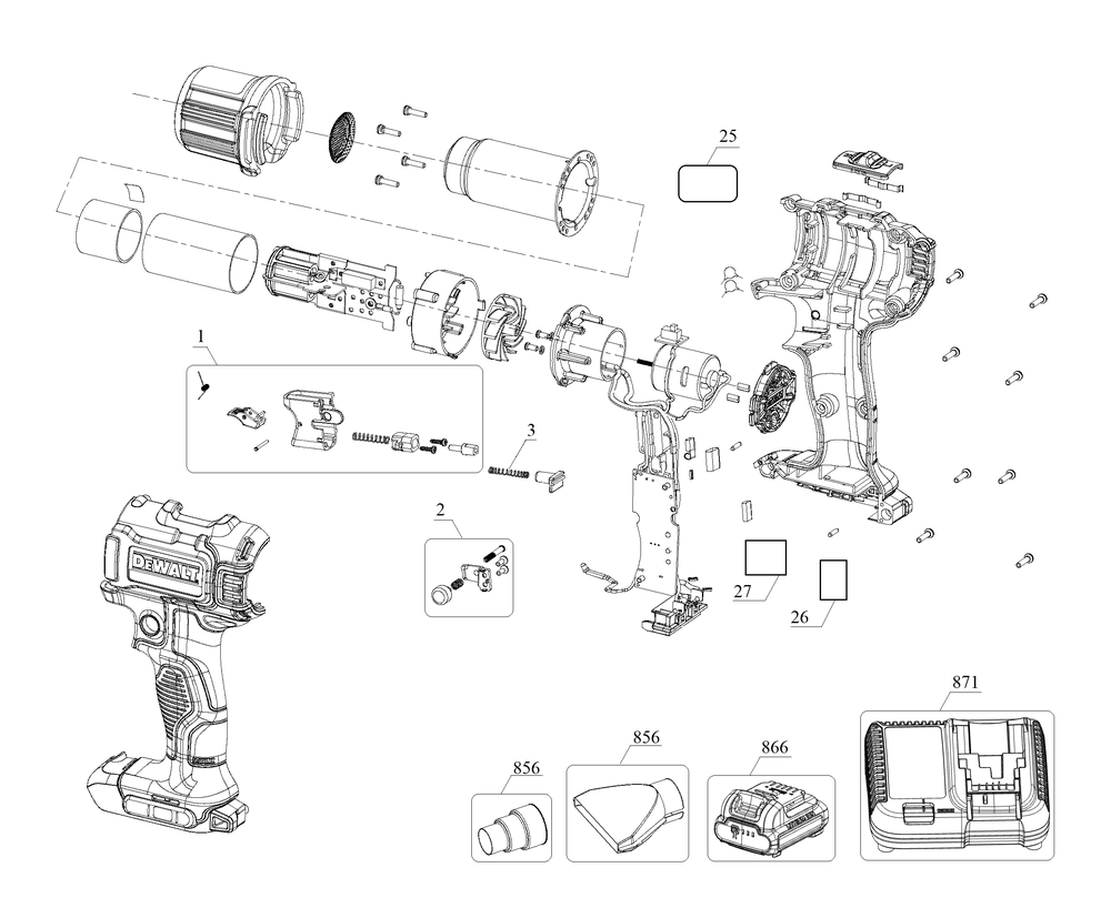 Section 1 Diagram and Parts List for DCE530BR Type 1 DeWALT Heat Gun