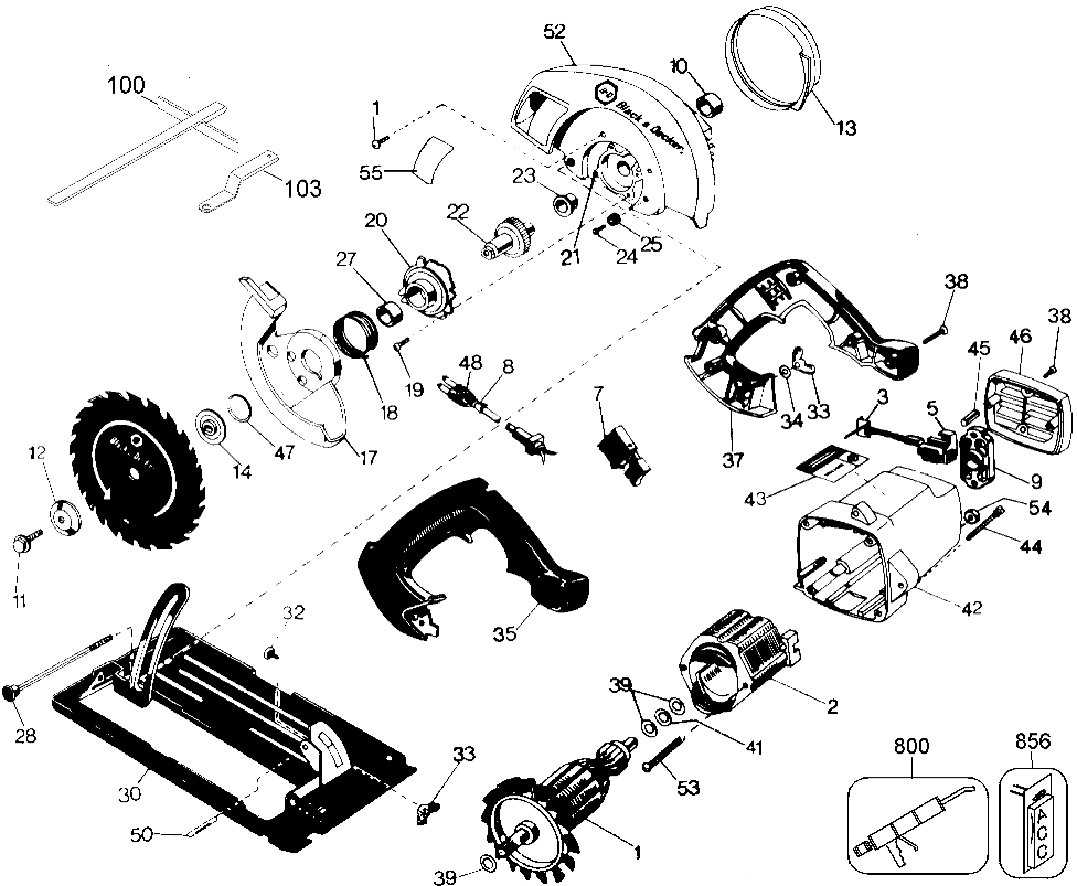 Default Diagram and Parts List for B7359 Type 1 DeWALT Circular Saw