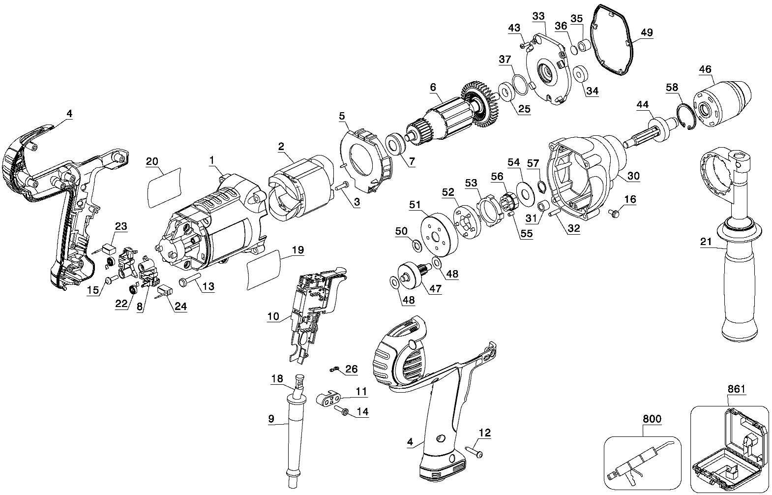Default Diagram and Parts List for DWD215GK Type 1 DeWALT Boring Machine