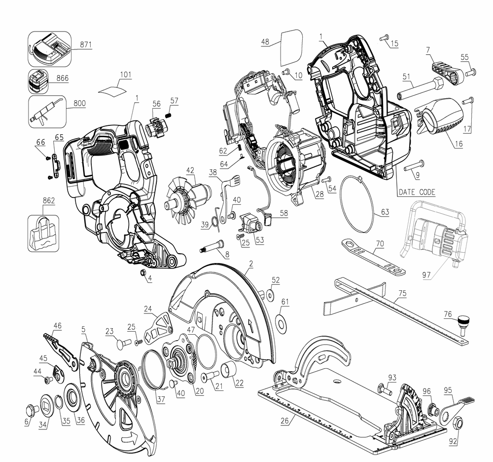 Section 1 Diagram and Parts List for DCS590WW1 Type 1 DeWALT Circular Saw