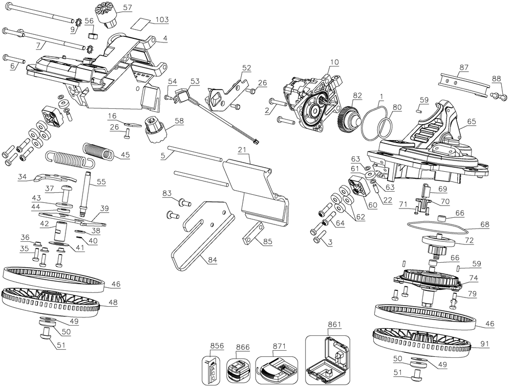 Section 1 Diagram and Parts List for DCS374BR Type 1 DeWALT Band Saw