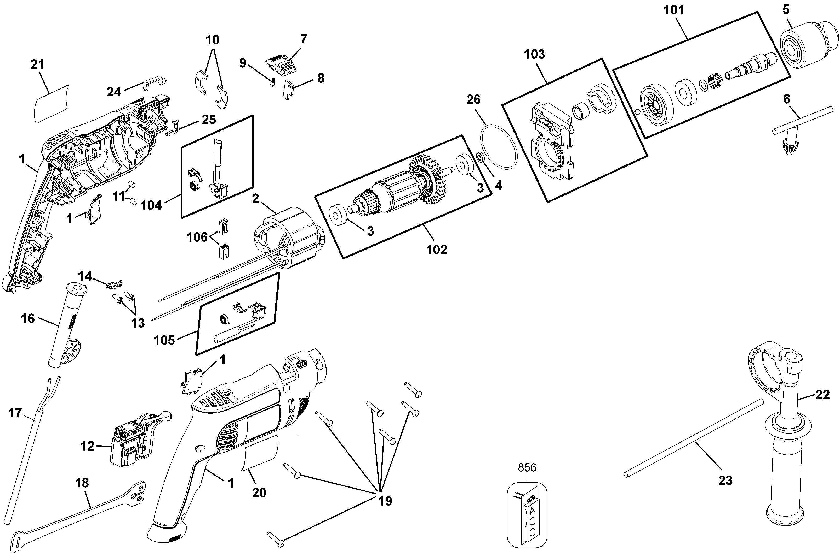 Default Diagram and Parts List for DWD024AV-B2 Type 1 DeWALT Boring Machine