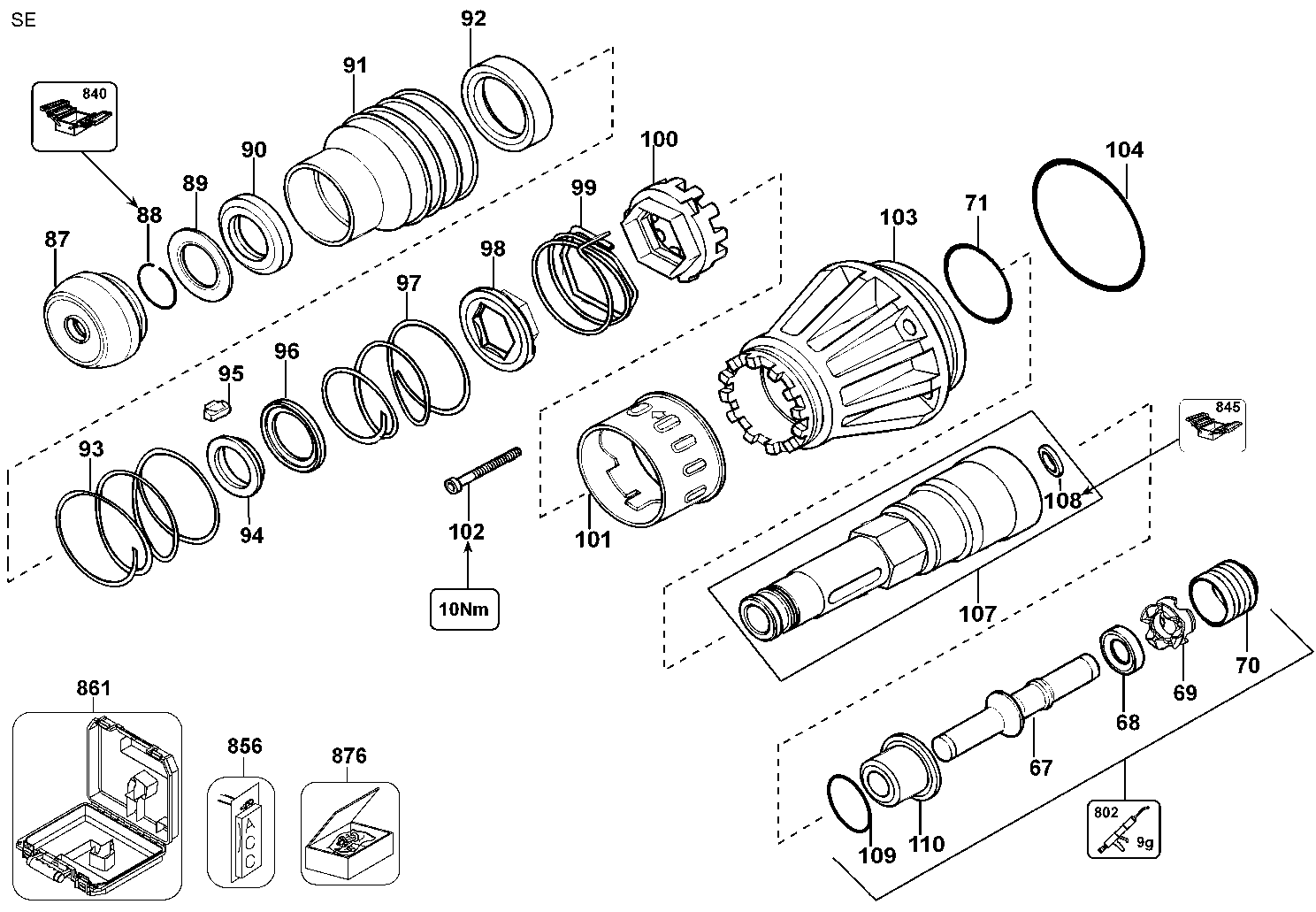 tool holder Diagram and Parts List for D25901K-B2 Type 1 DeWALT Hammer