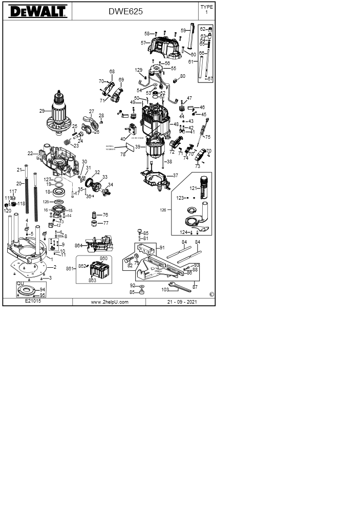 Exploded Diagram D Diagram and Parts List for DWE625 Type 1 DeWALT Router