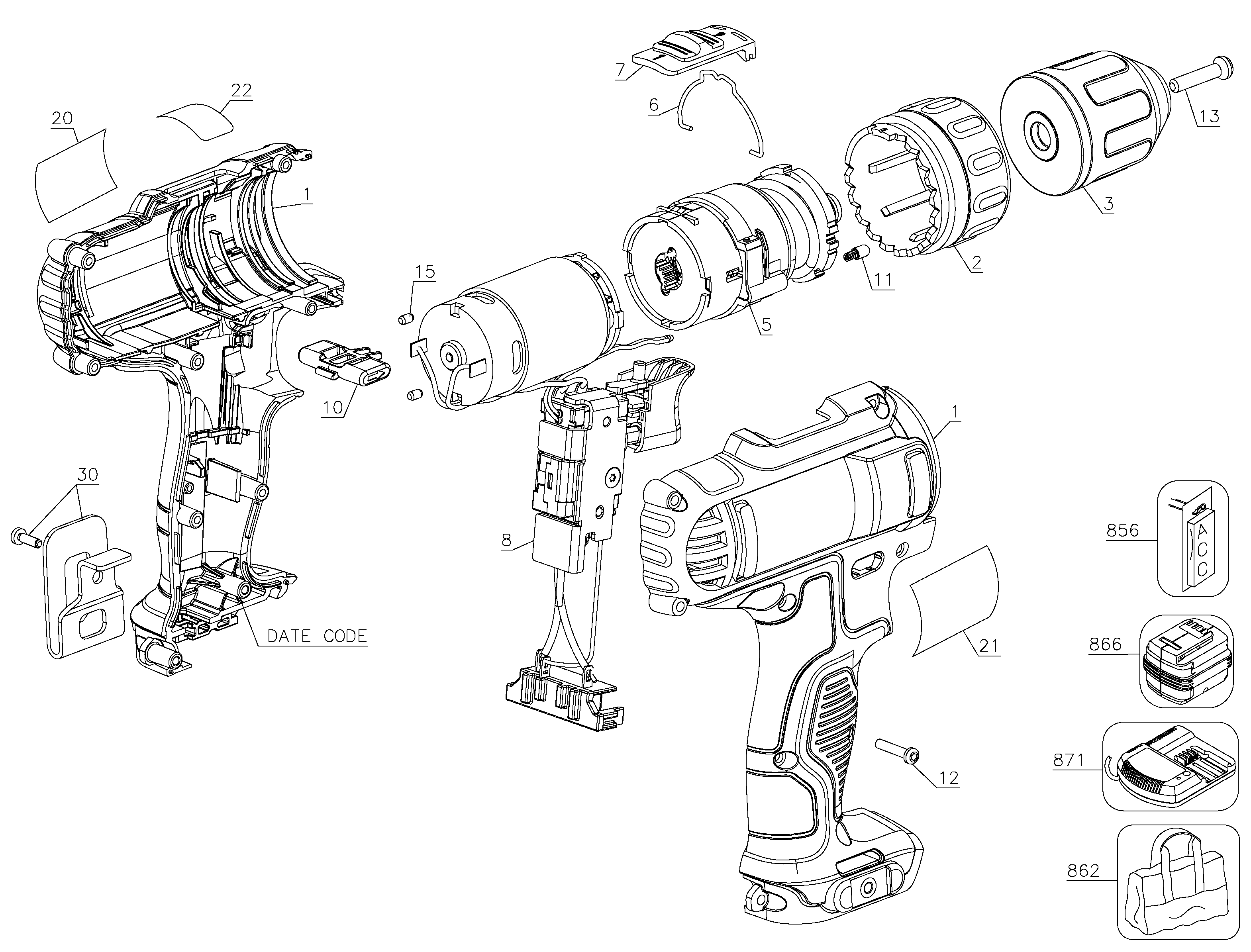 Default Diagram and Parts List for DCD710B Type 3 DeWALT Boring Machine