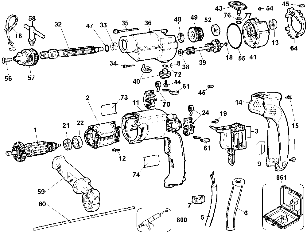 Page A Diagram and Parts List for DW505 Type 4 DeWALT Hammer Drill