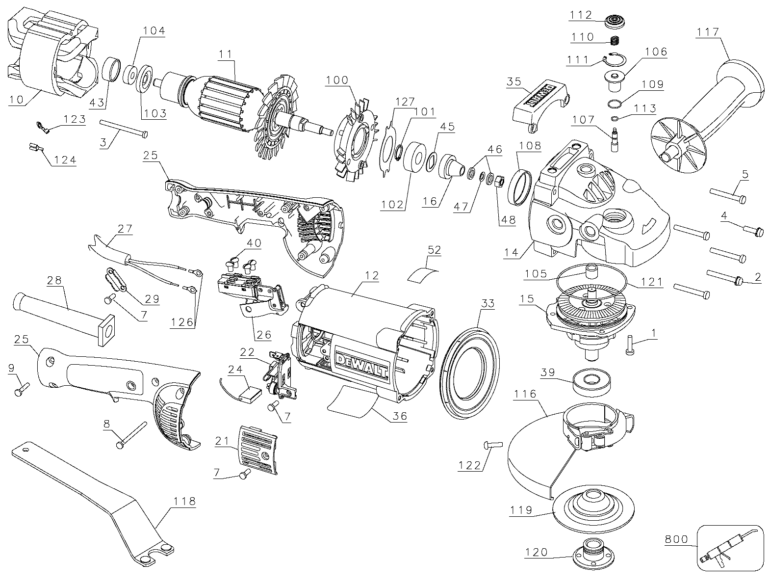 Default Diagram and Parts List for D28494N-B3 Type 3 DeWALT Grinder