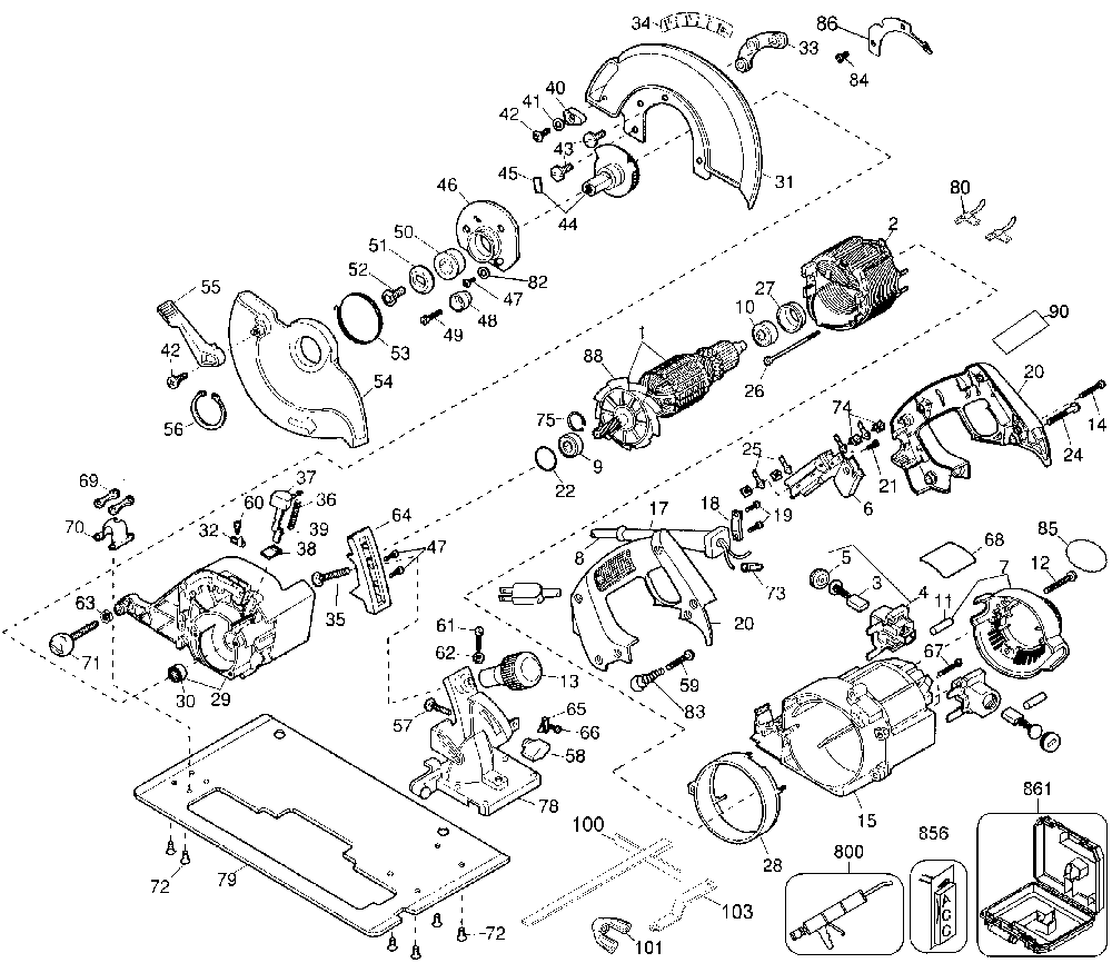 Exploded Diagram A Diagram and Parts List for D364-04 Type 2 DeWALT Circular Saw