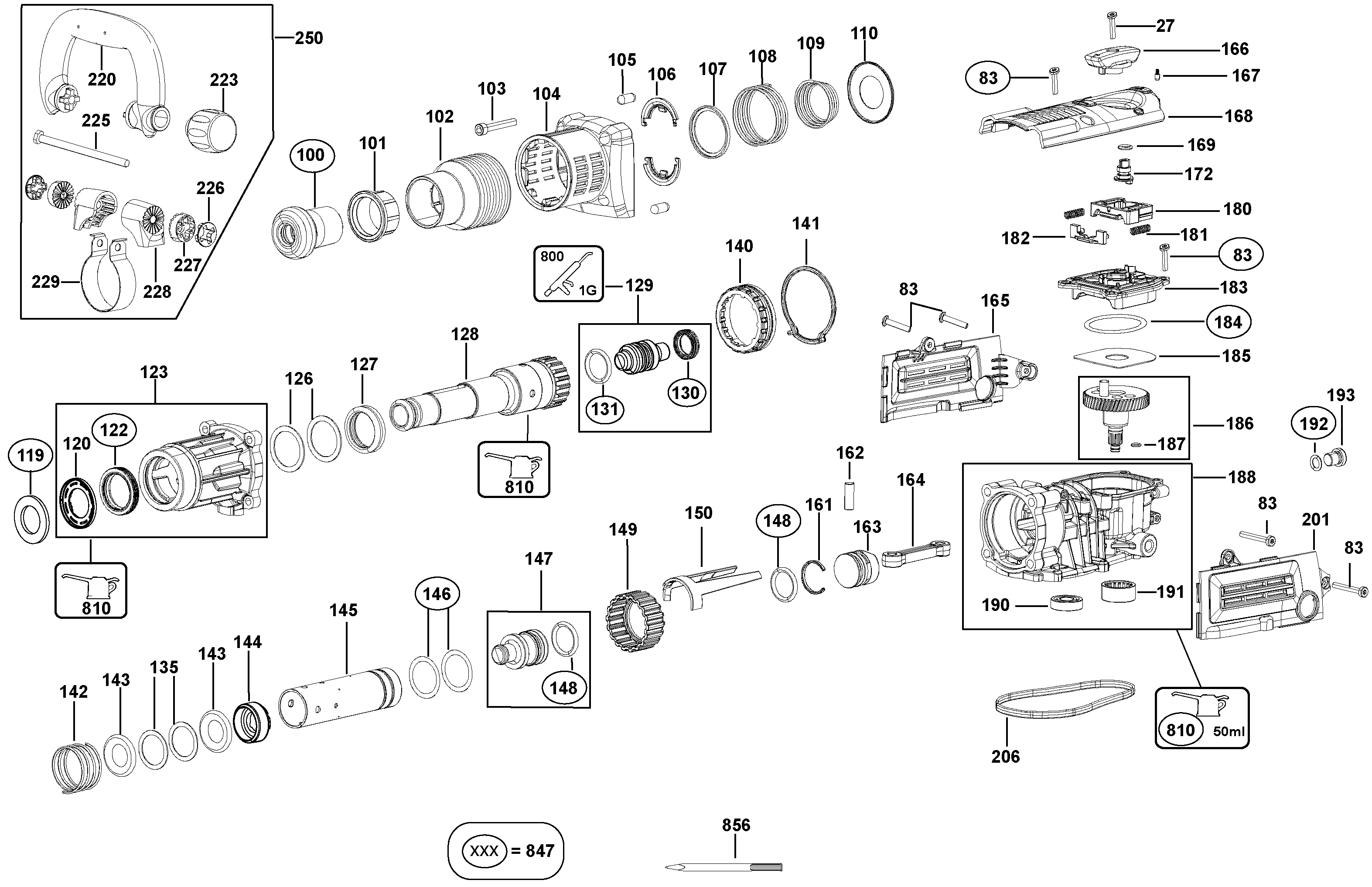 Default 2 Diagram and Parts List for D25831K-B2 Type 1 DeWALT Hammer